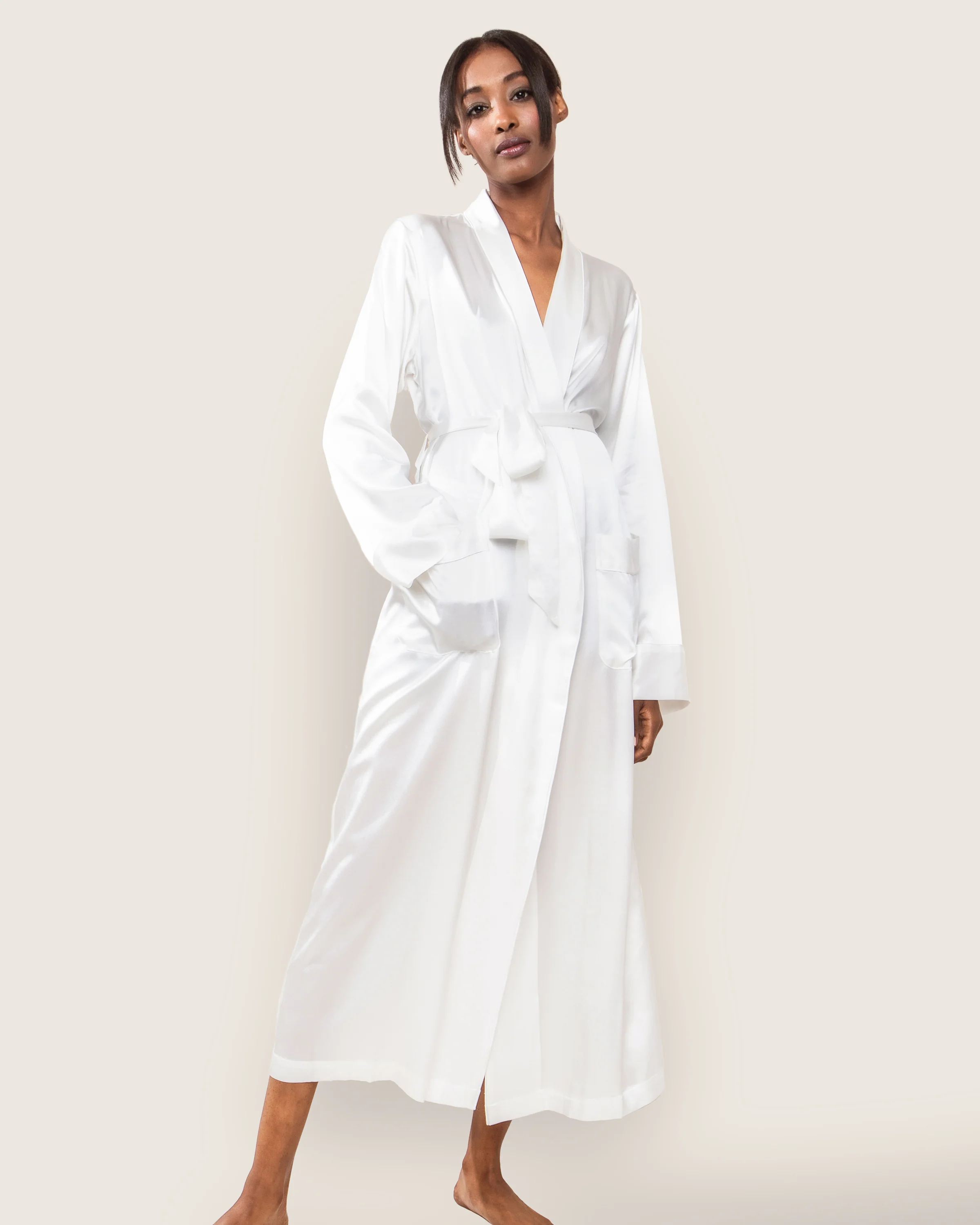 Women's Silk Long Robe in White - Image 2