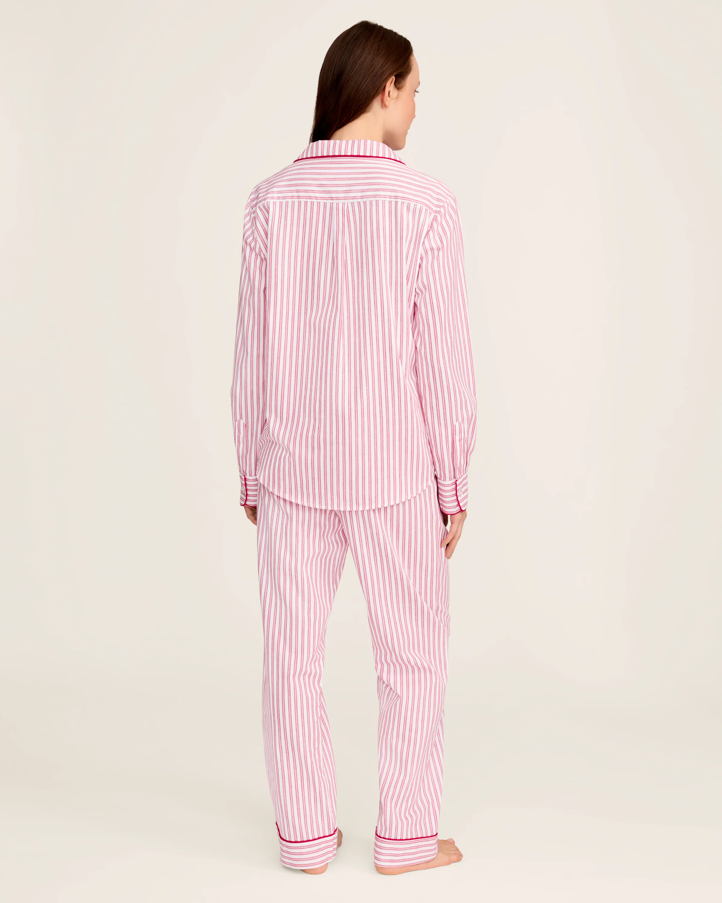 Women's Twill Pajama Set in Antique Red Ticking - Image 4