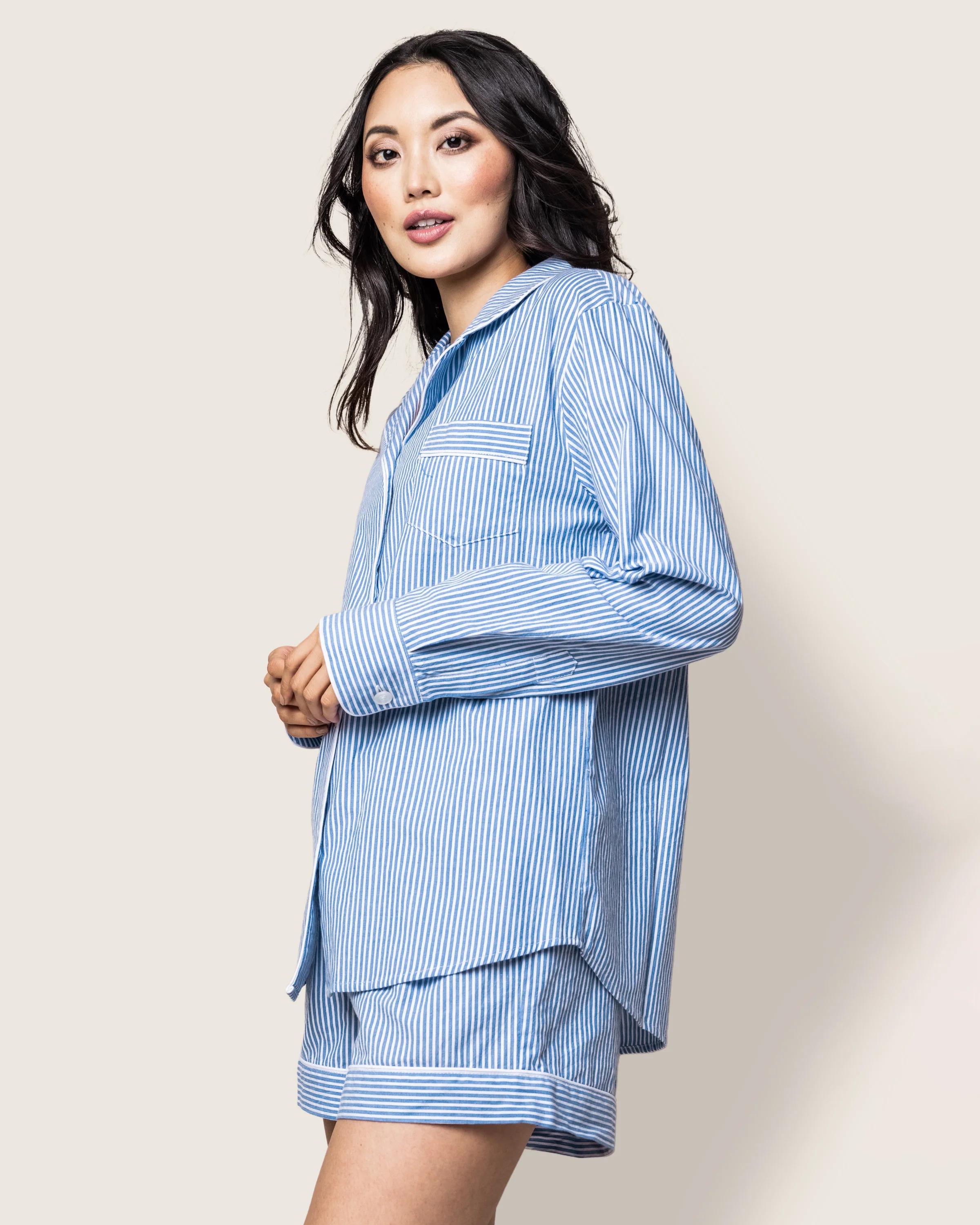 Women's Twill Long Sleeve Short Set in French Blue Heritage Stripe - Image 3