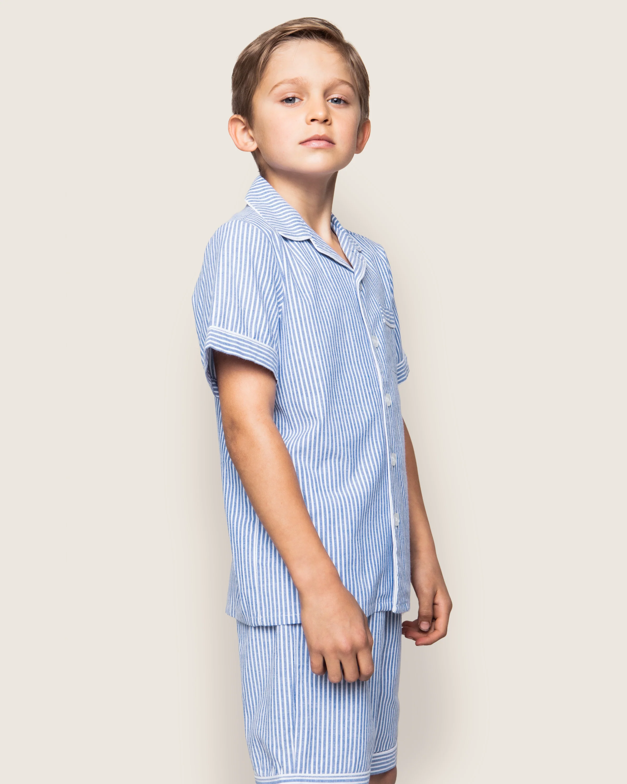 Kid's Twill Pajama Short Set in French Blue Heritage Stripe - Image 3