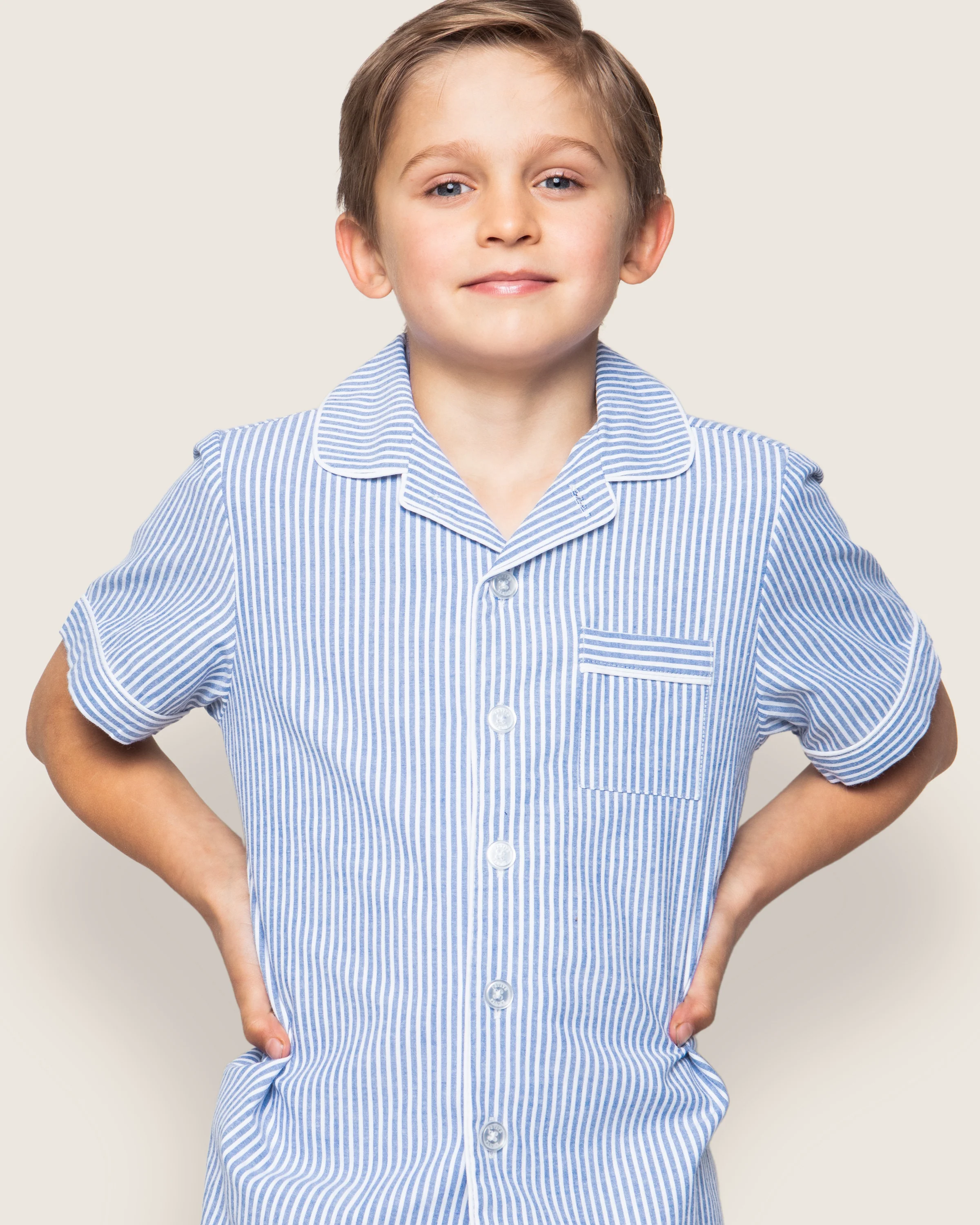 Kid's Twill Pajama Short Set in French Blue Heritage Stripe - Image 4