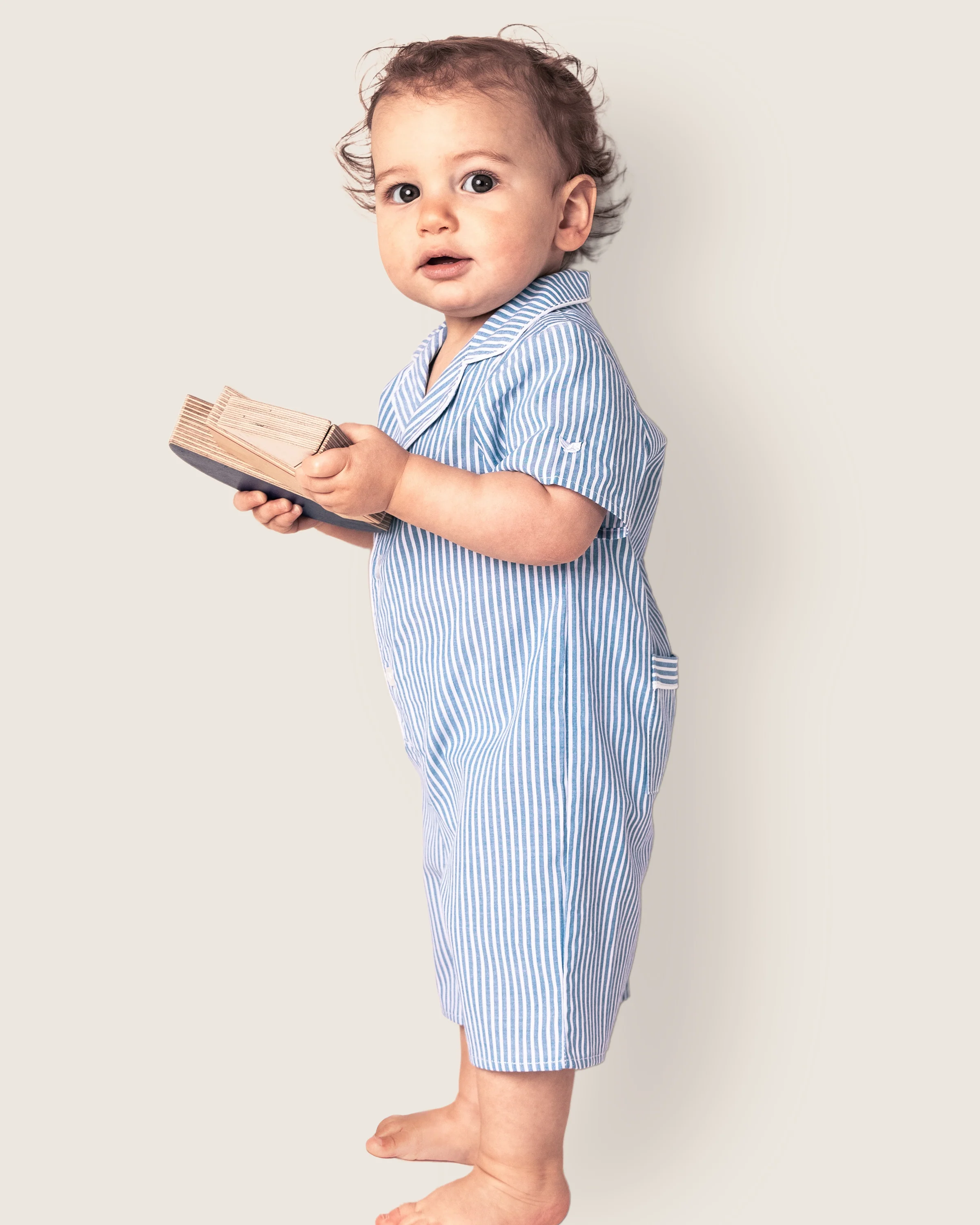 Baby's Twill Summer Romper in French Blue Heritage Stripe - Image 3