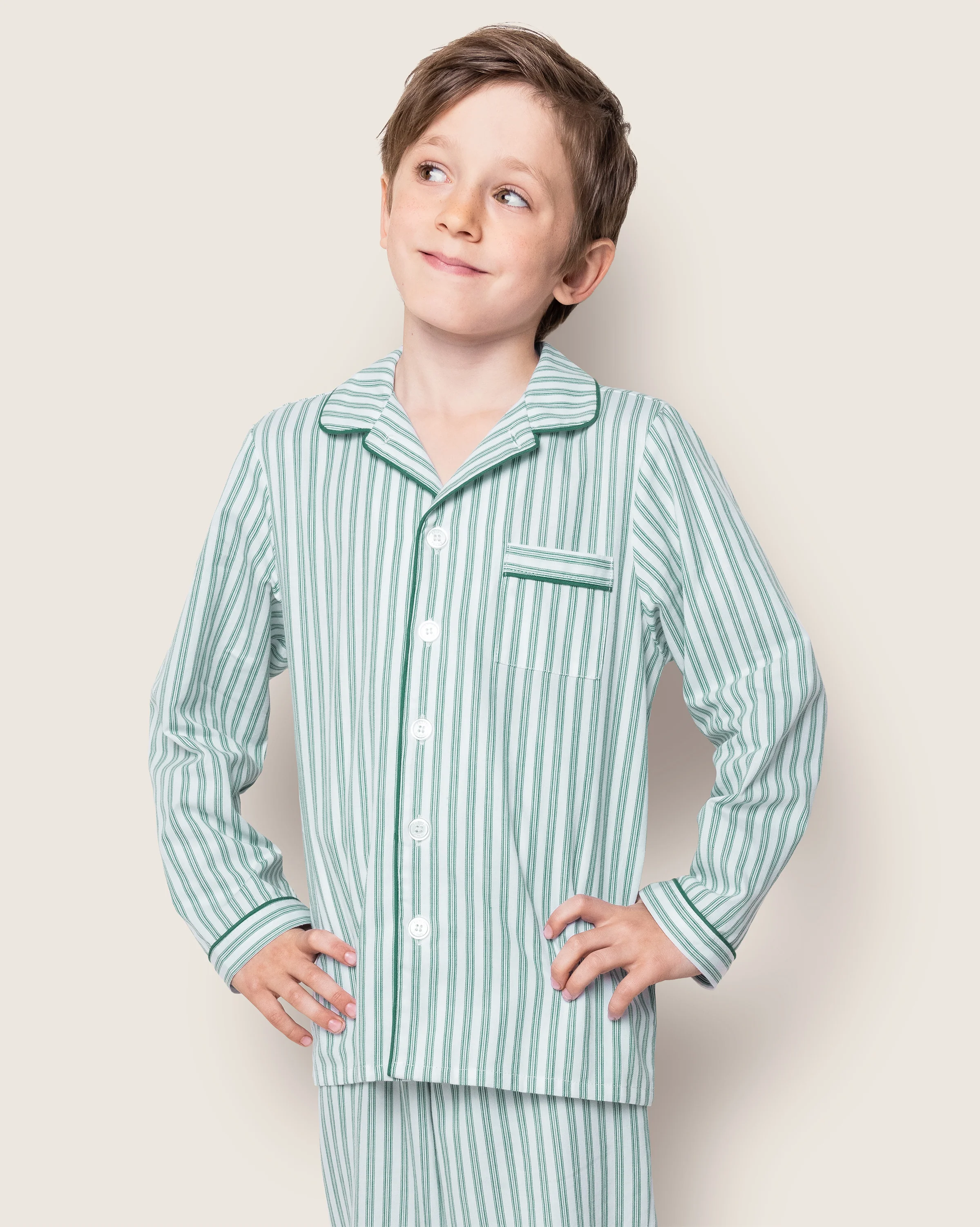 Kid's Twill Pajama Set in Emerald Ticking - Image 3