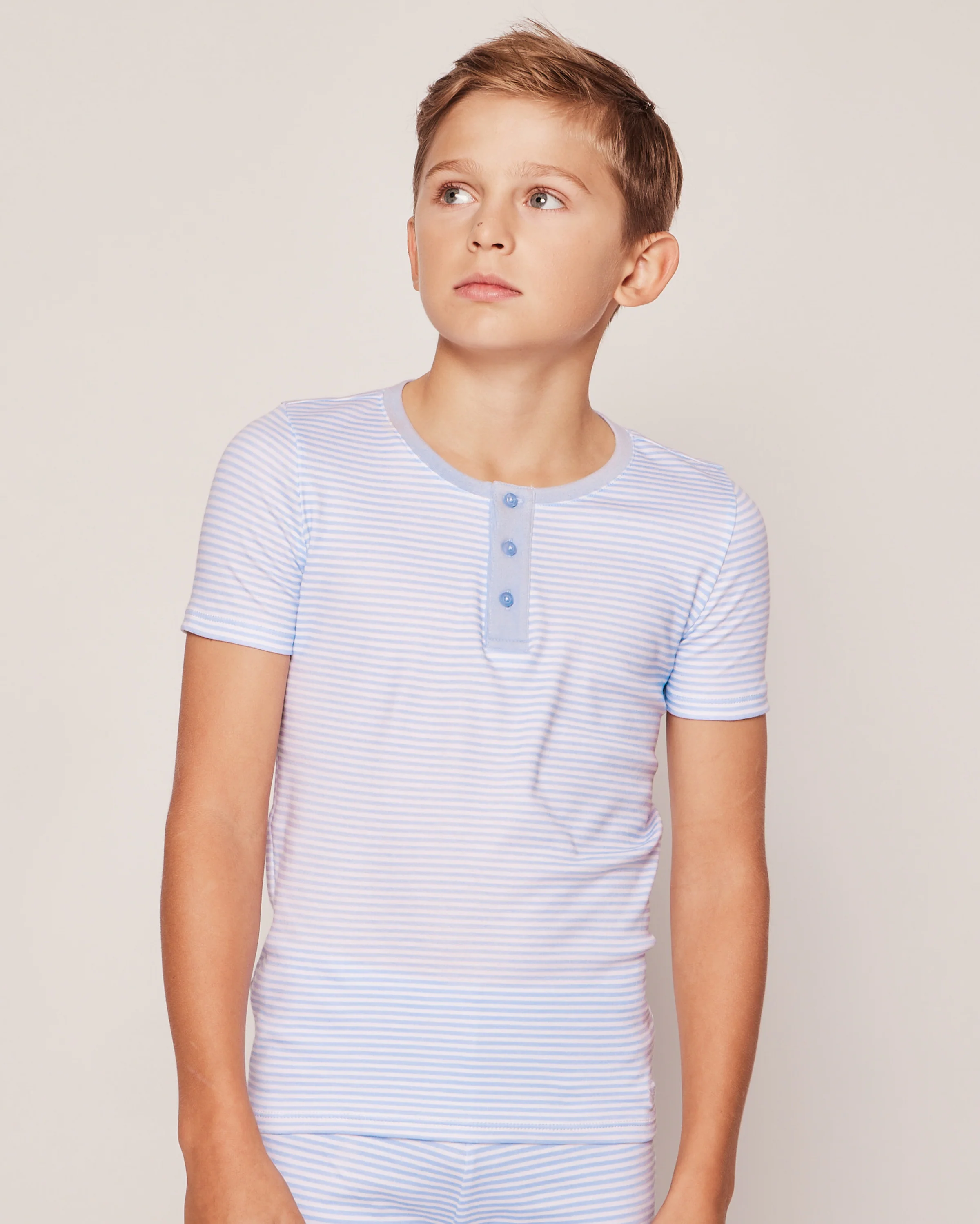 Kid's Pima Snug Fit Pajama Short Set in Blue Stripes - Image 2