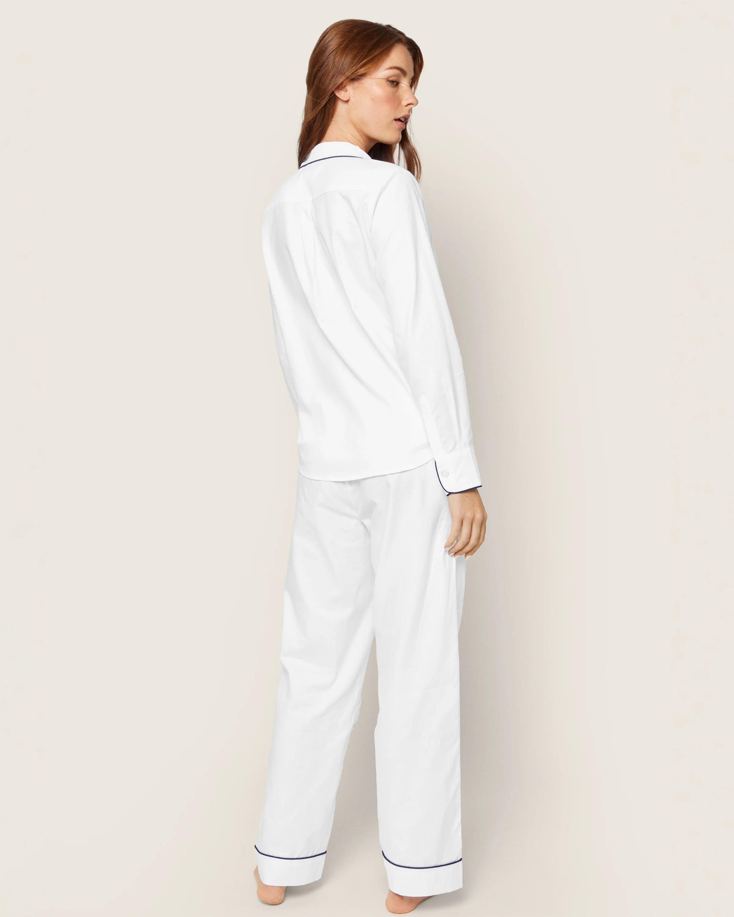 Women's Twill Pajama Set in White with Navy Piping - Image 3