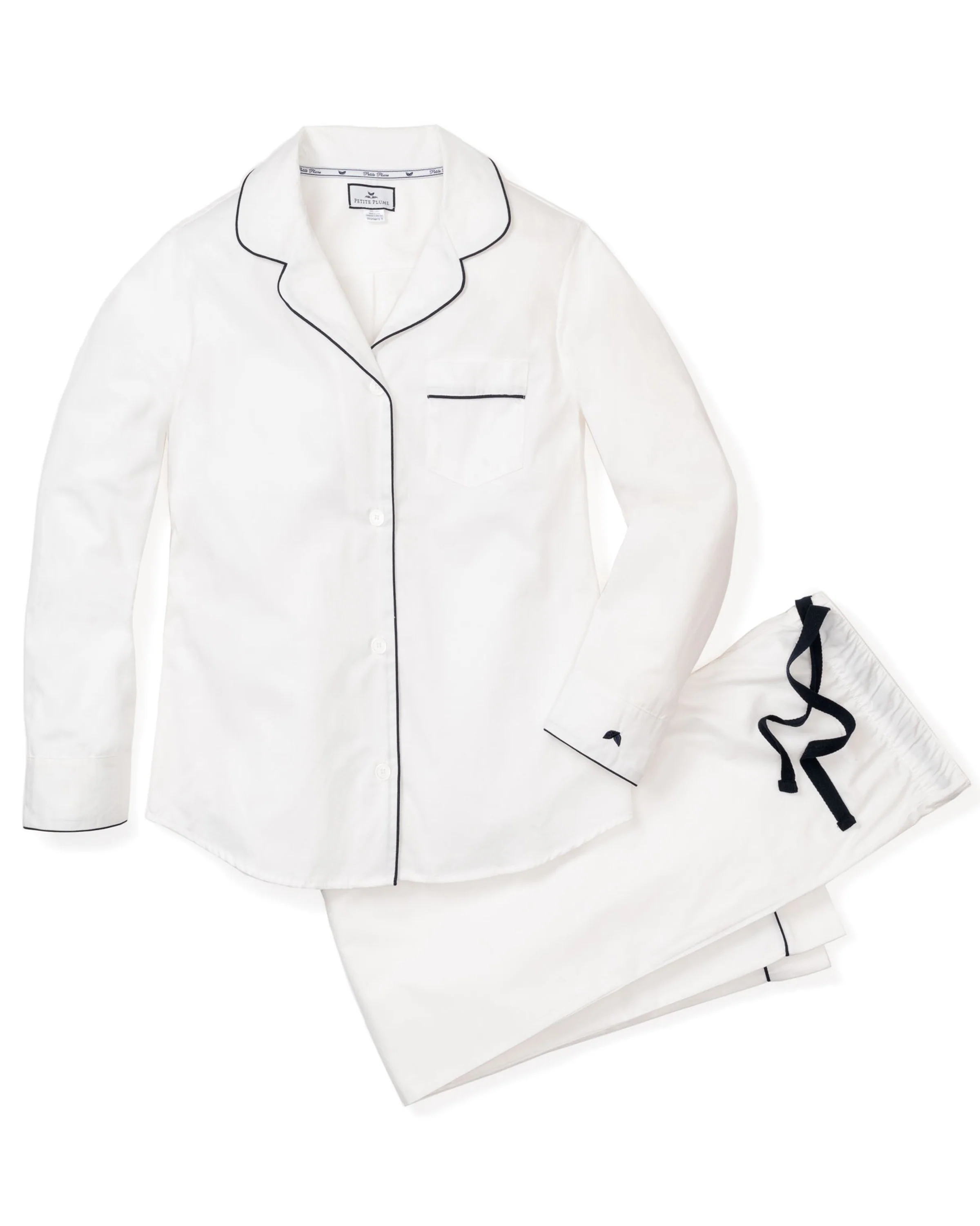 Women's Twill Pajama Set in White with Navy Piping - Image 7