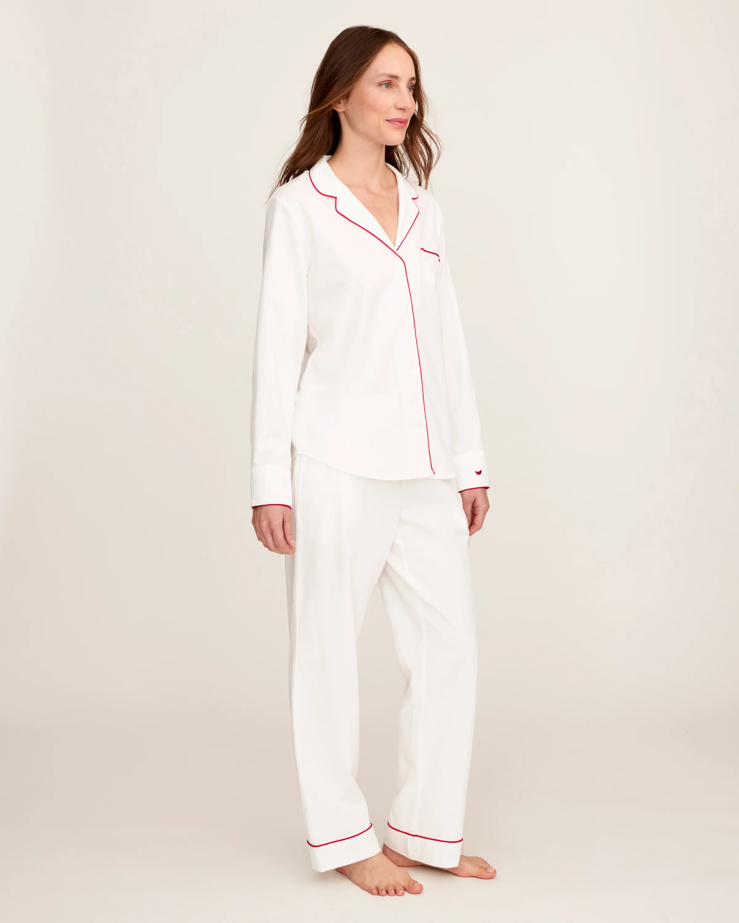 Women's Twill Pajama Set in White with Red Piping - Image 3