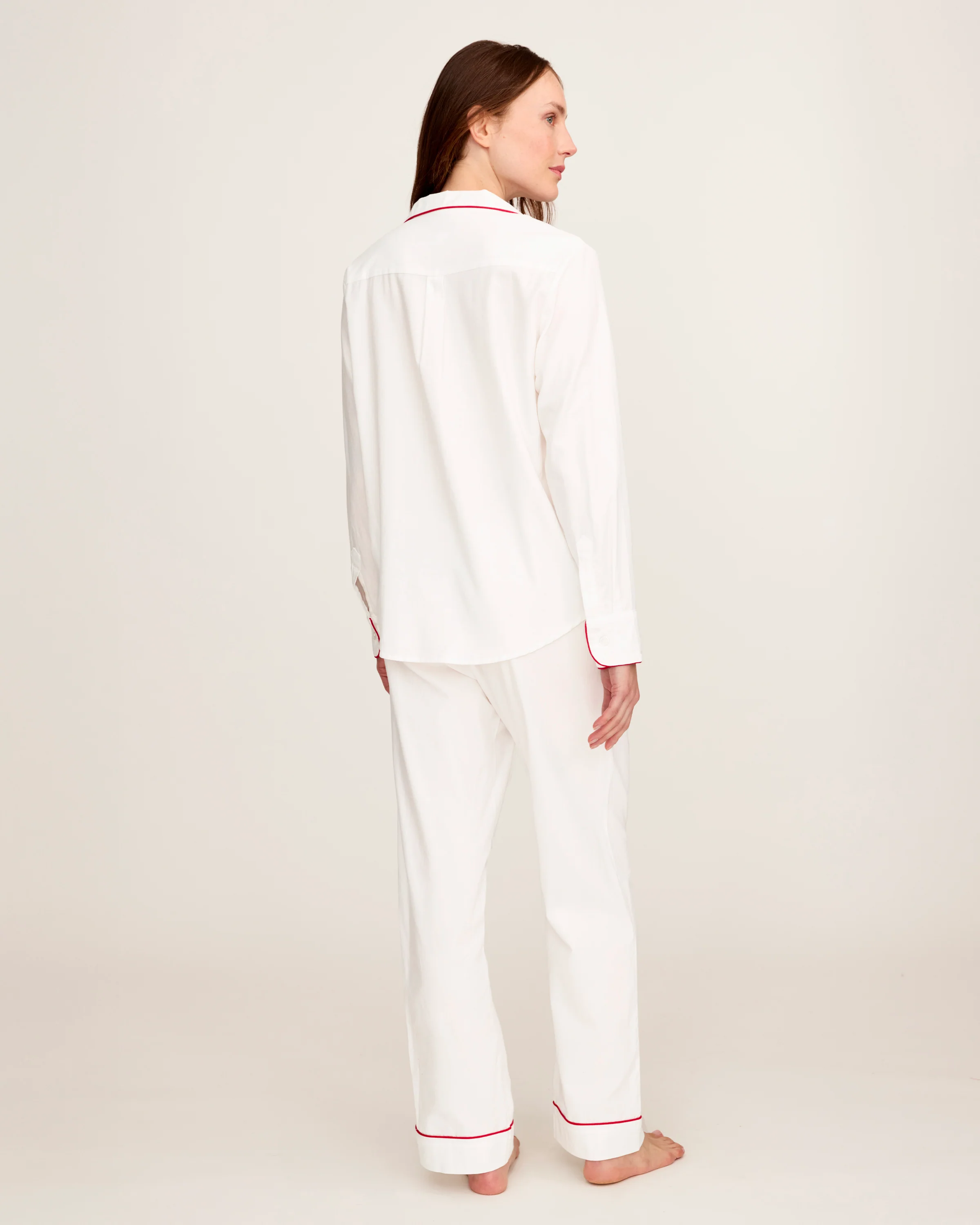 Women's Twill Pajama Set in White with Red Piping - Image 4