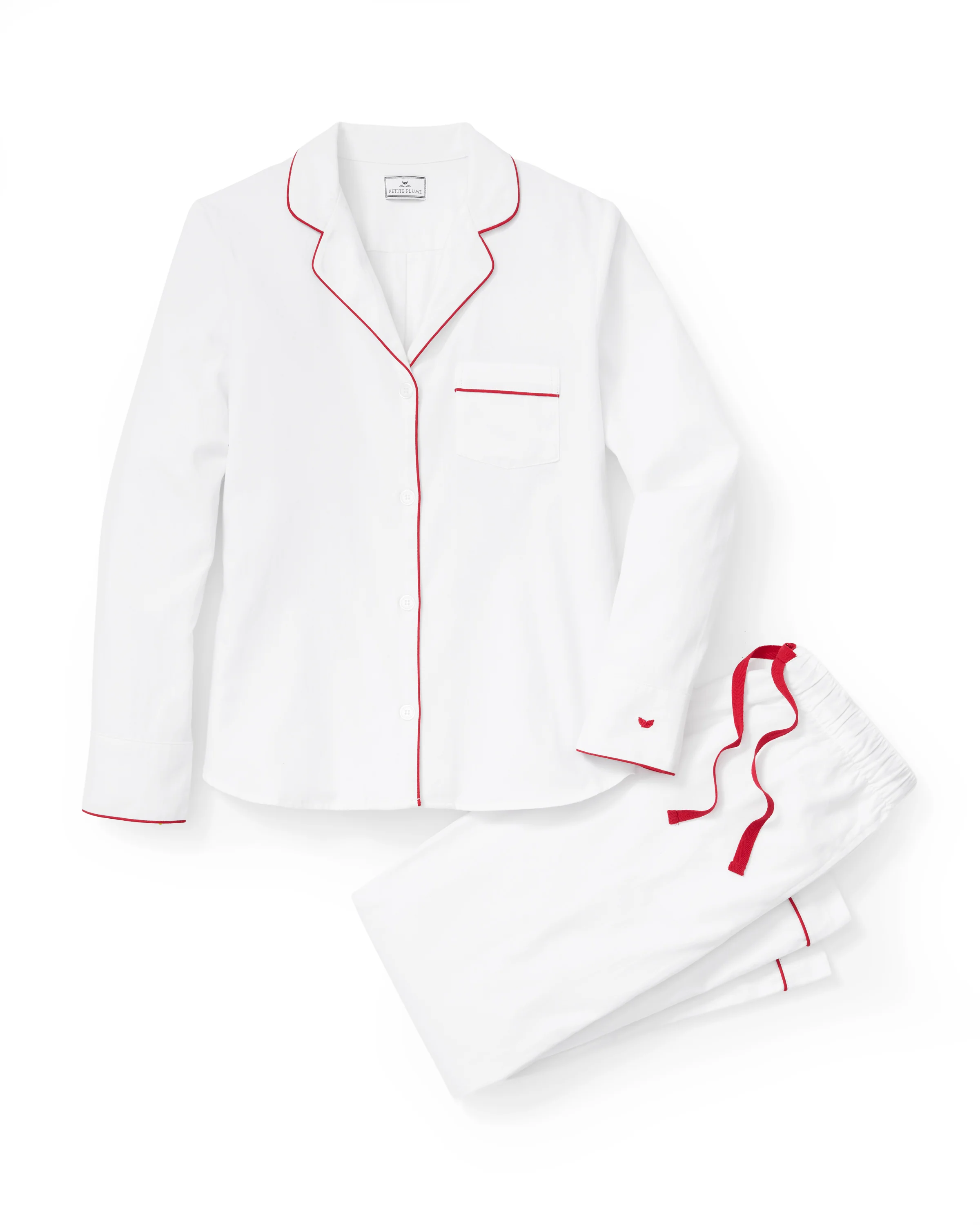Women's Twill Pajama Set in White with Red Piping - Image 6