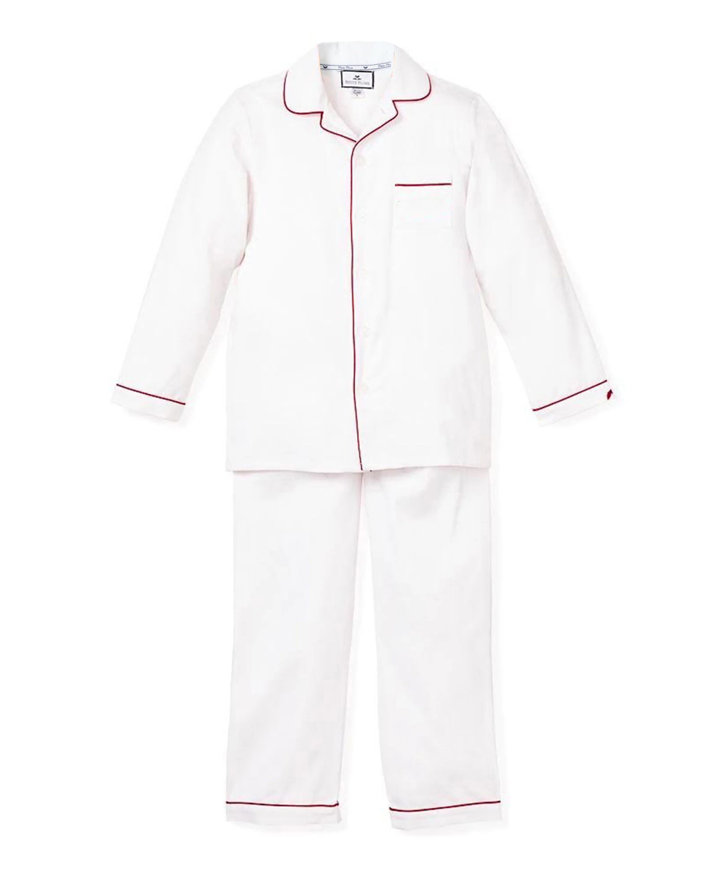 Kid's Twill Pajama Set in White with Red Piping