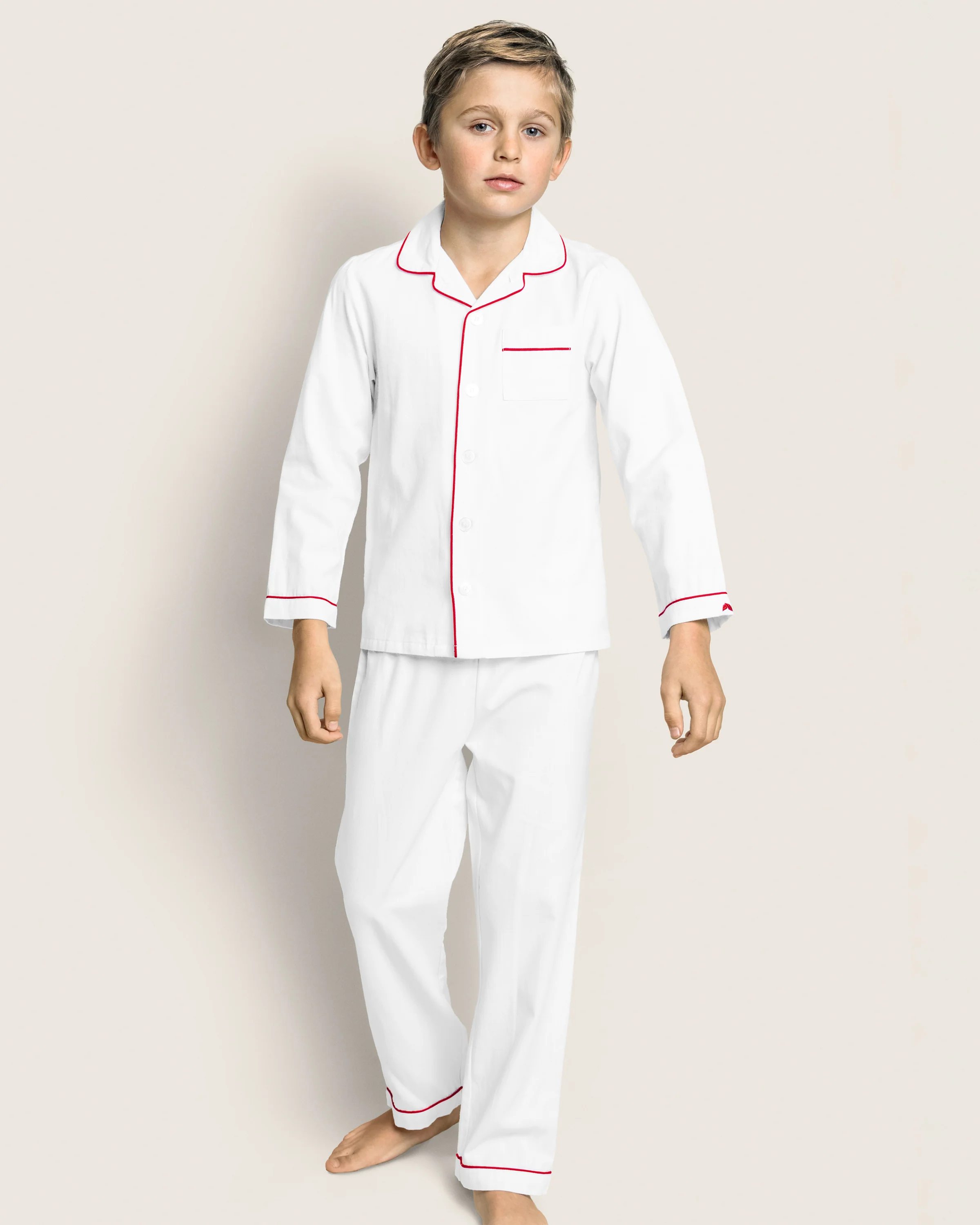 Kid's Twill Pajama Set in White with Red Piping - Image 2