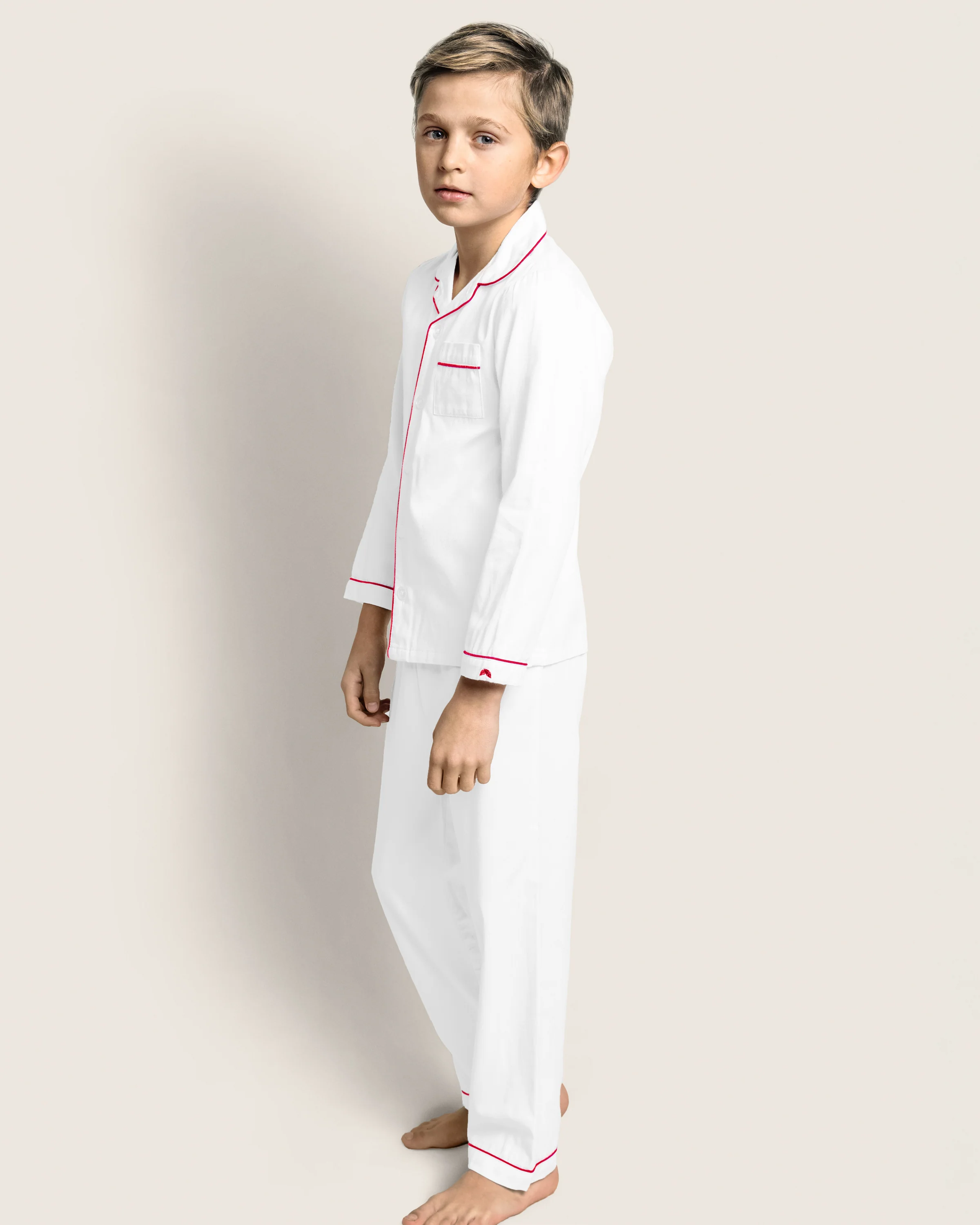 Kid's Twill Pajama Set in White with Red Piping - Image 3