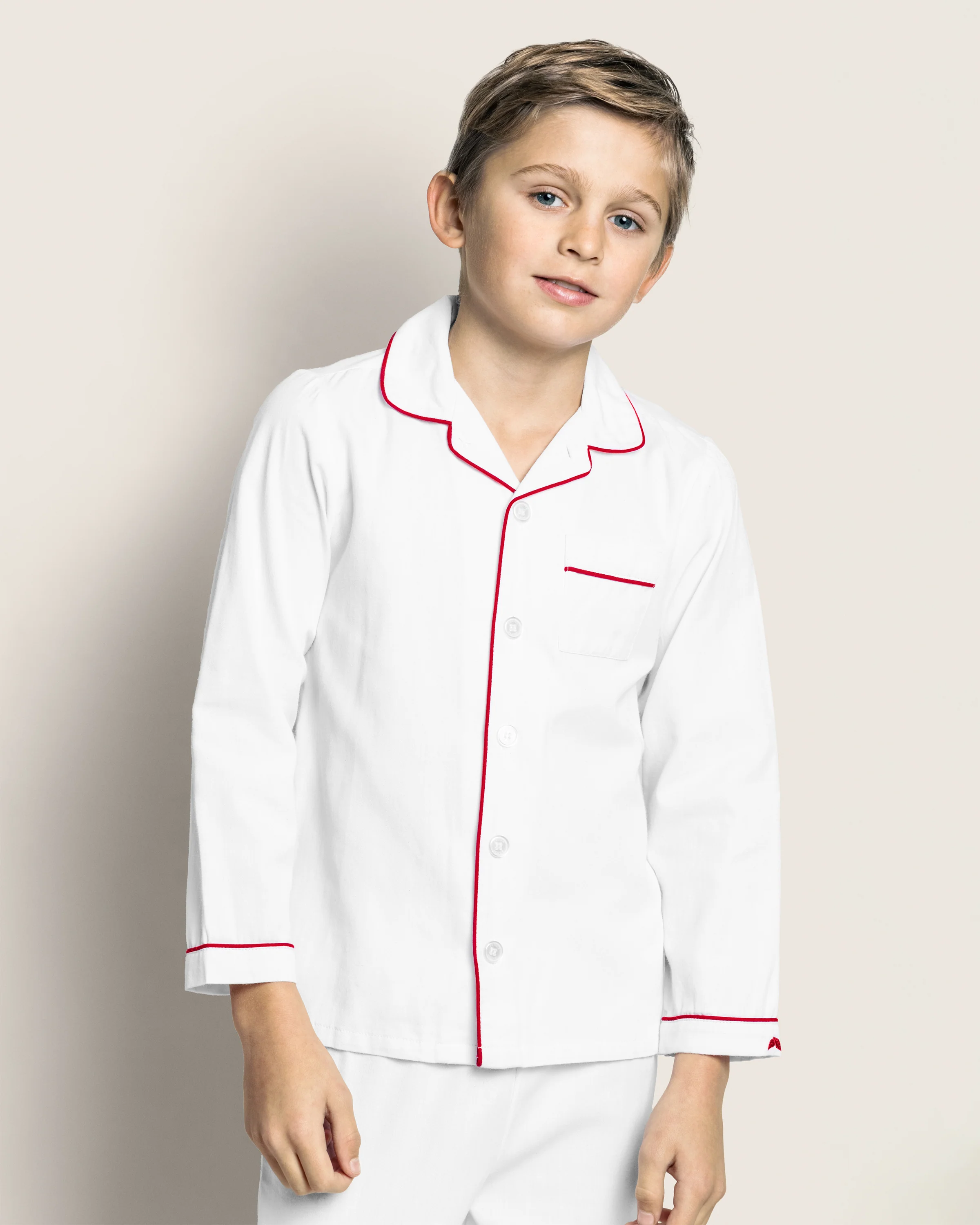 Kid's Twill Pajama Set in White with Red Piping - Image 4