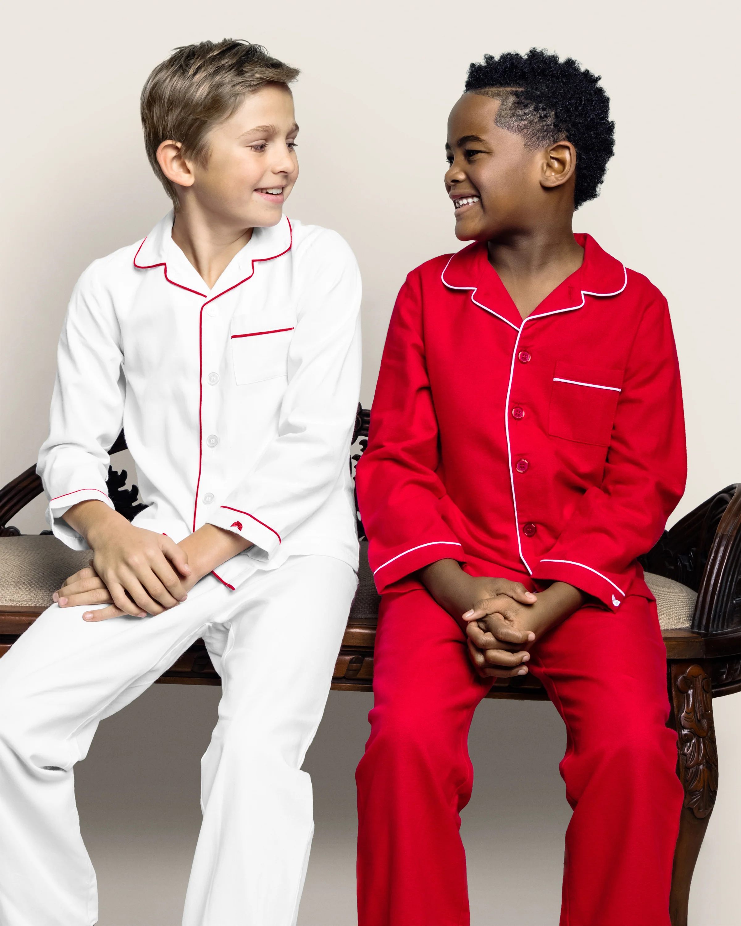 Kid's Twill Pajama Set in White with Red Piping - Image 5