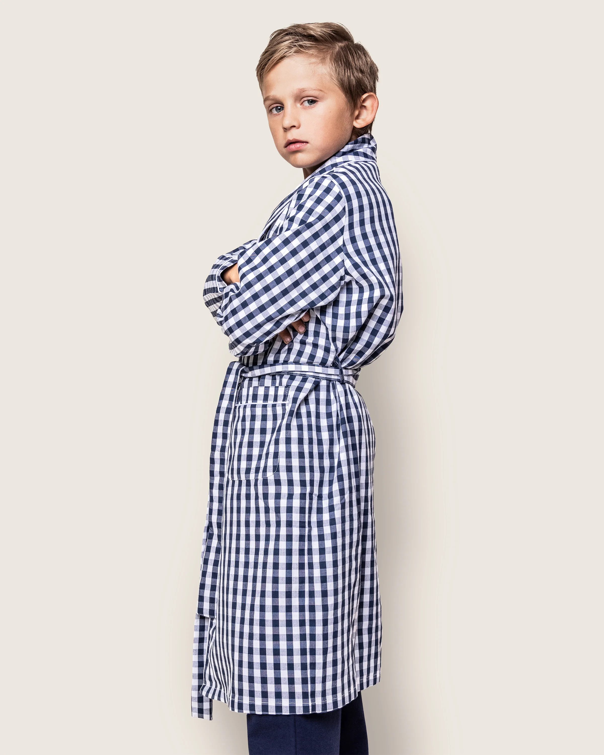 Kid's Twill Robe in Navy Gingham - Image 3