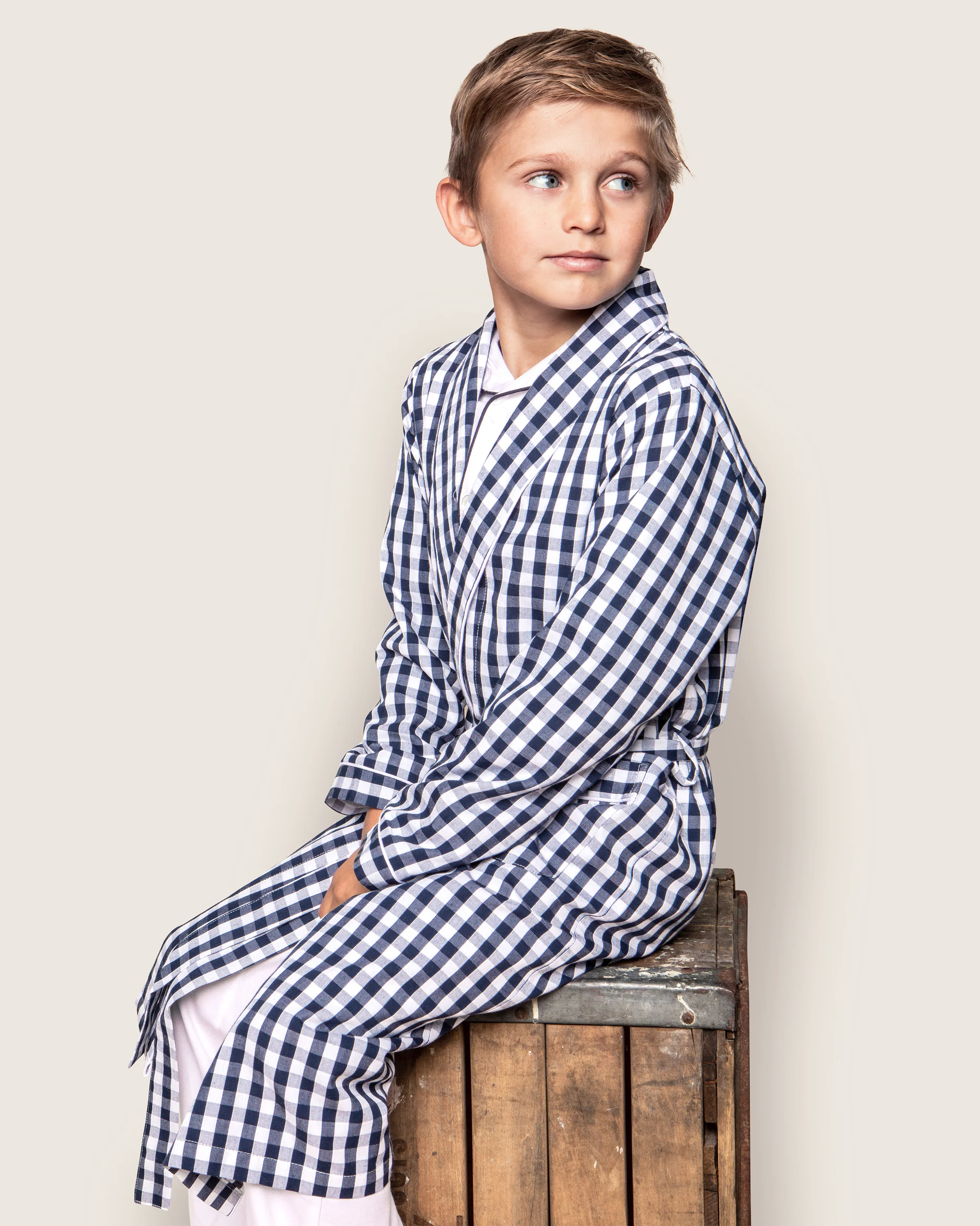 Kid's Twill Robe in Navy Gingham - Image 4