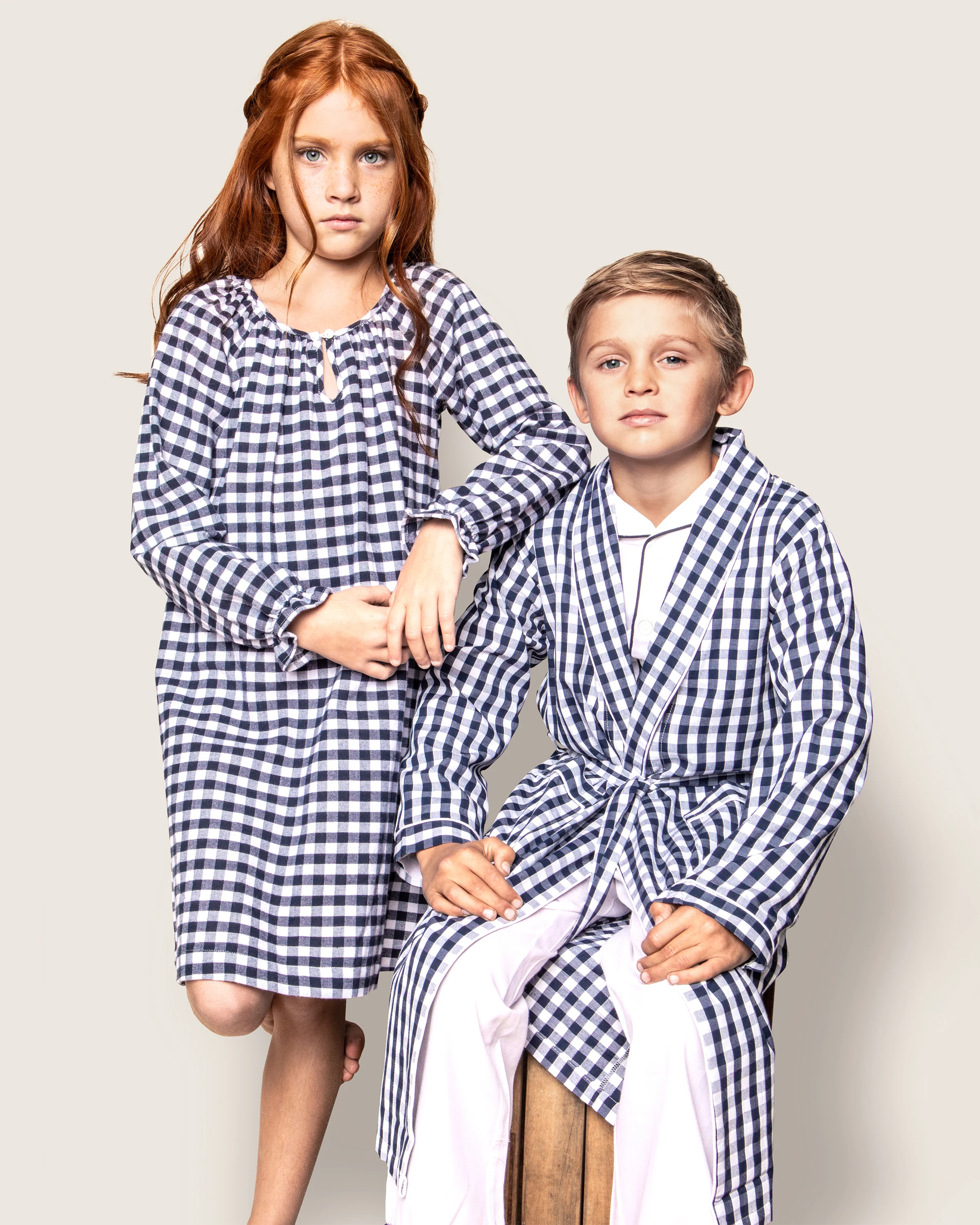 Kid's Twill Robe in Navy Gingham - Image 5