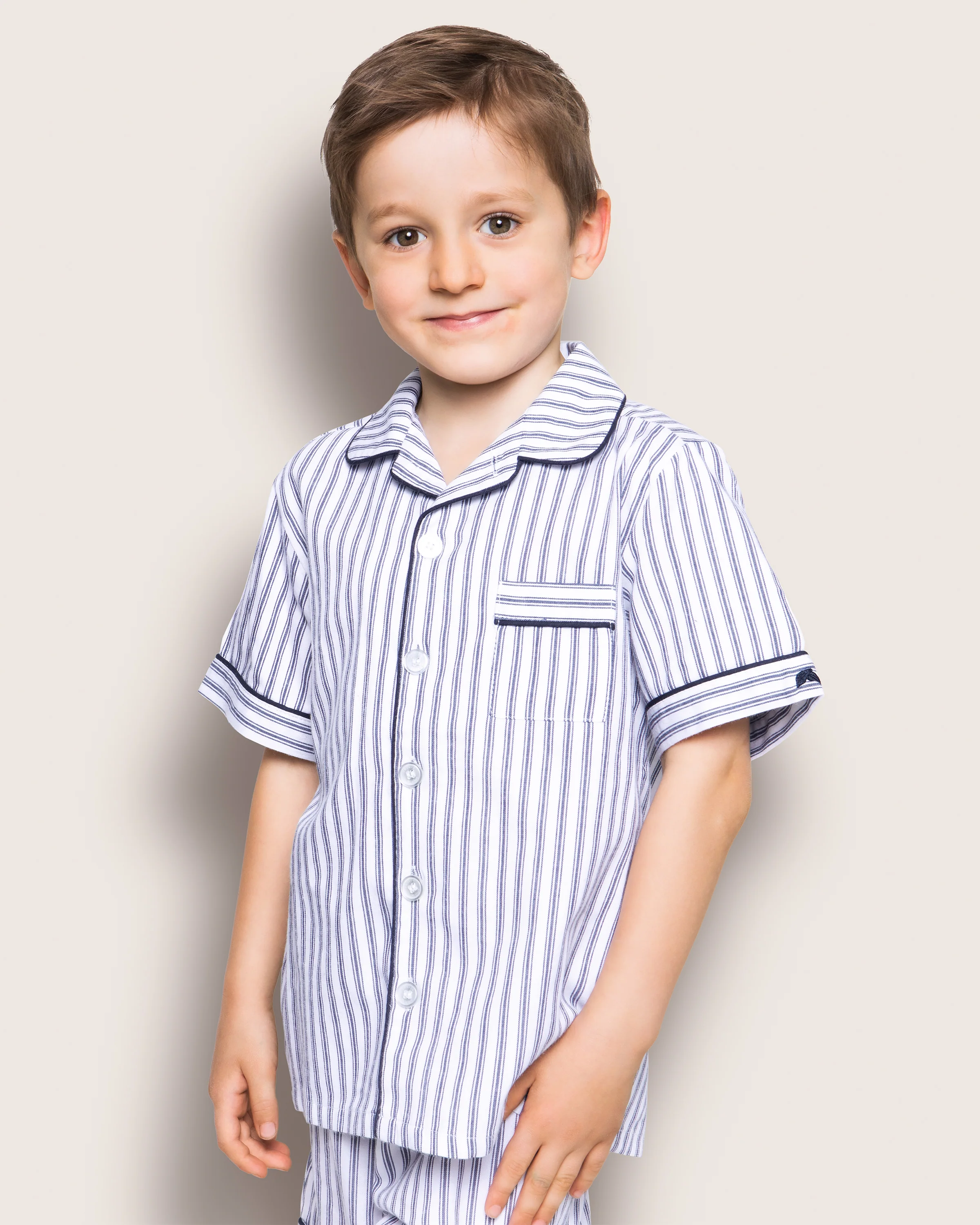 Kid's Twill Pajama Short Set in Navy French Ticking - Image 2