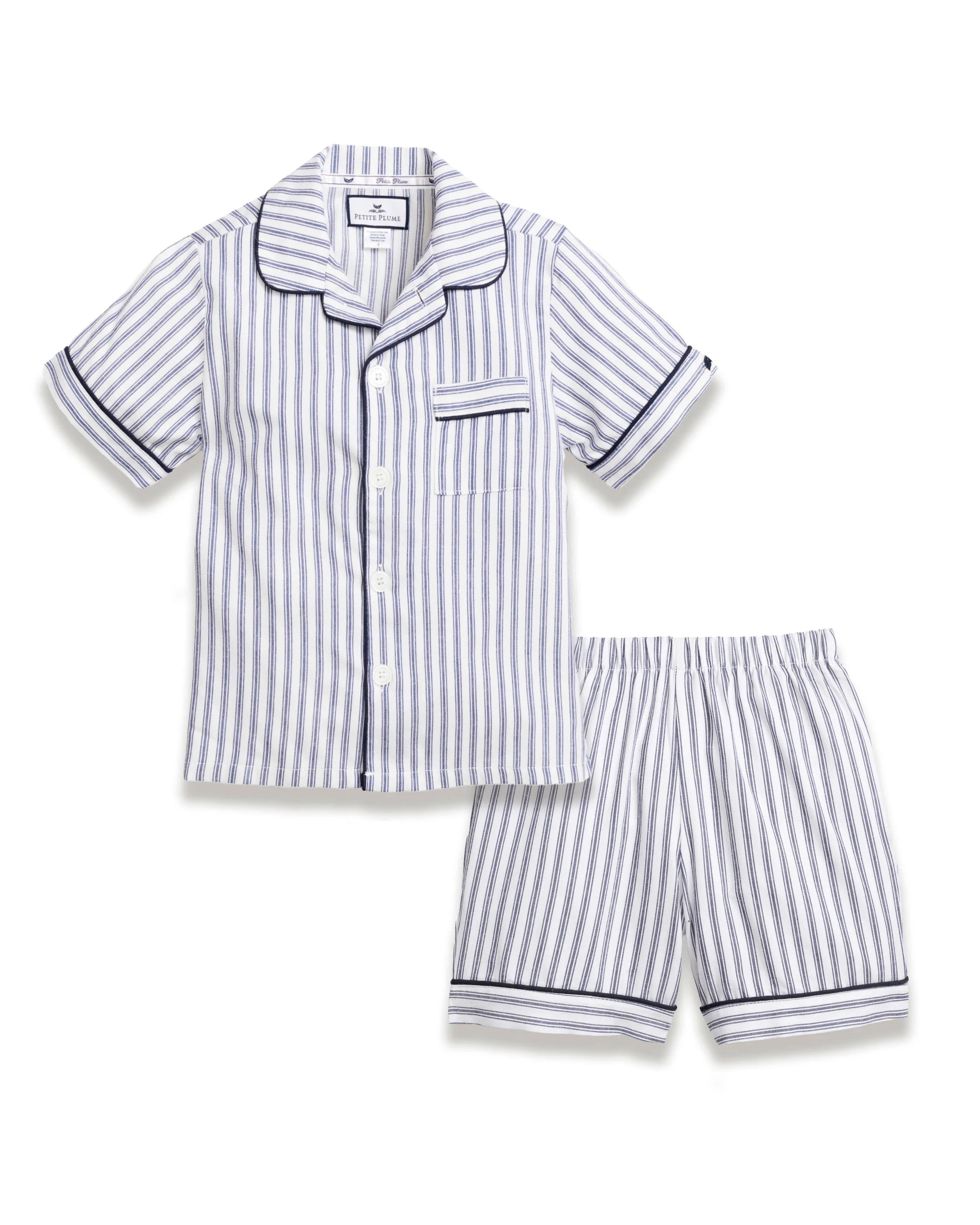 Kid's Twill Pajama Short Set in Navy French Ticking - Image 3
