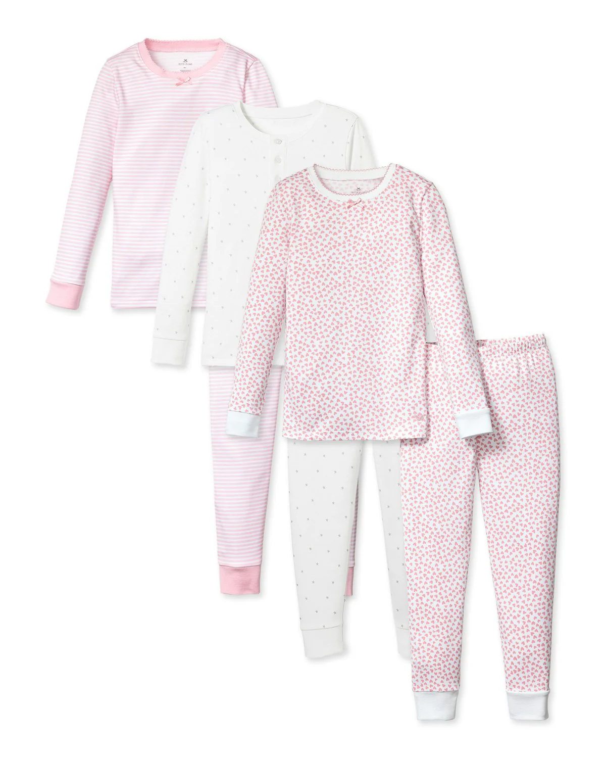 Girl's Pima Snug Fit Pajama Trio in Pink Stripe, Grey Stars, & Sweethearts