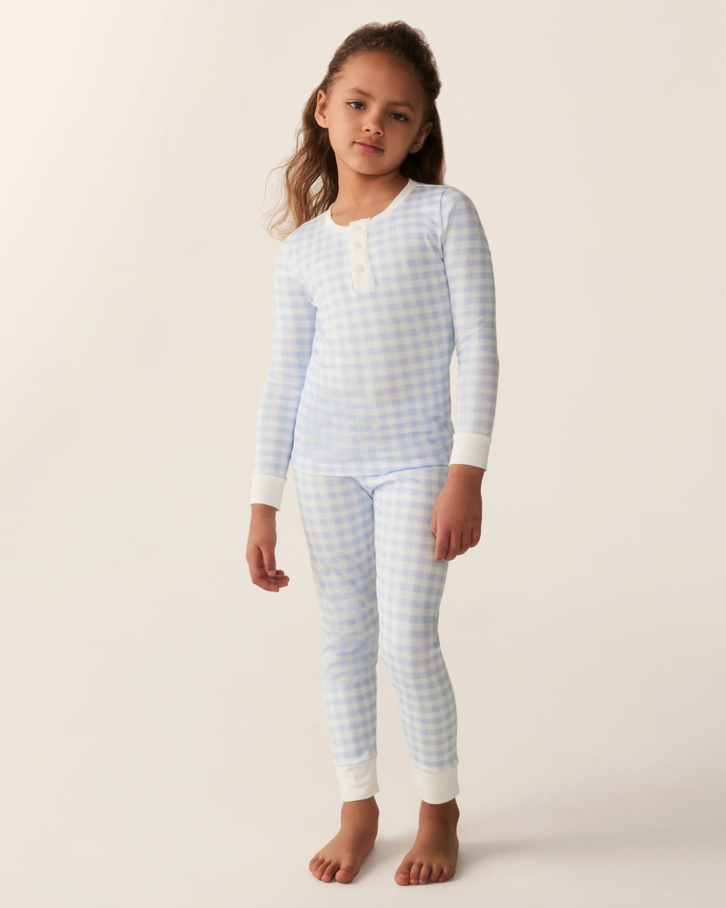 Kid's Pima Snug Fit Pajama Set in Light Blue Gingham