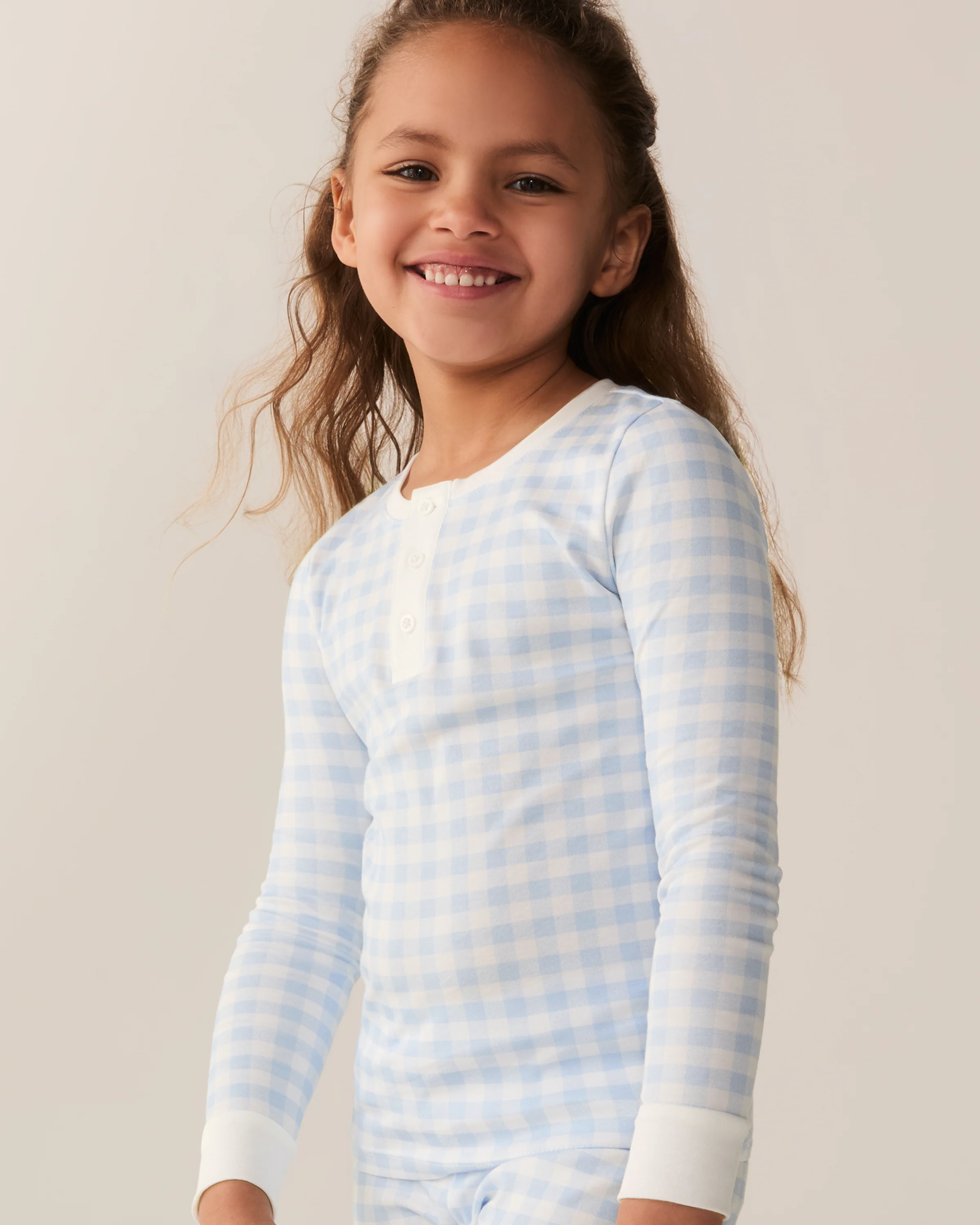 Kid's Pima Snug Fit Pajama Set in Light Blue Gingham - Image 2