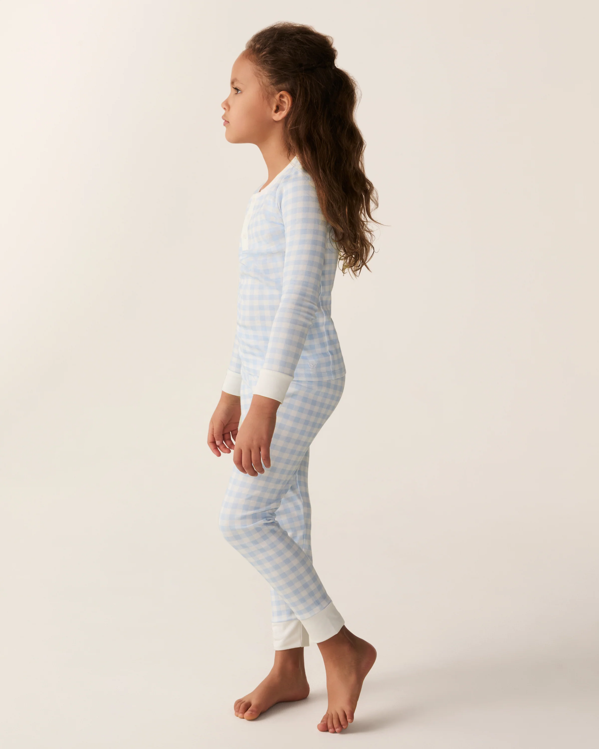 Kid's Pima Snug Fit Pajama Set in Light Blue Gingham - Image 3