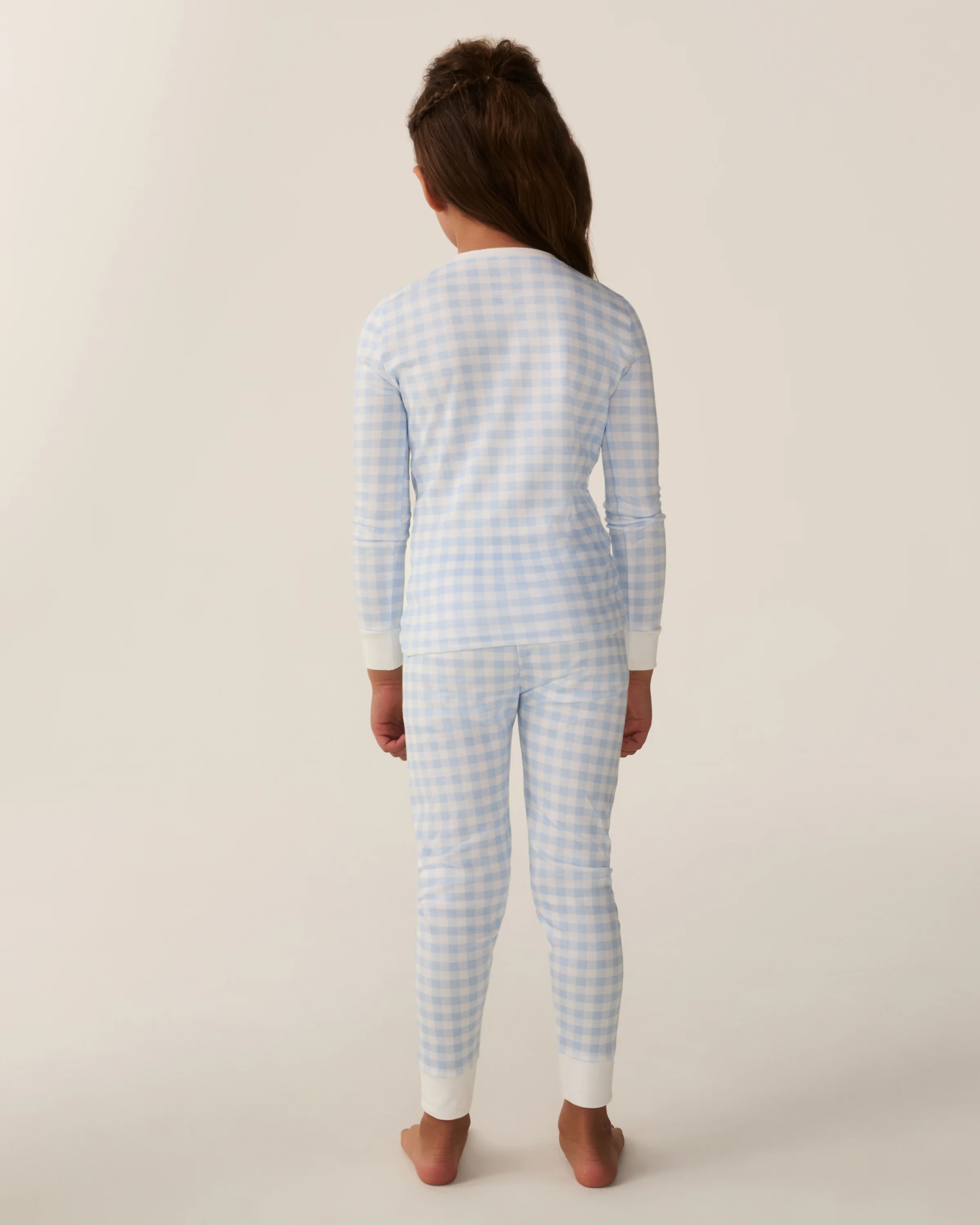 Kid's Pima Snug Fit Pajama Set in Light Blue Gingham - Image 4