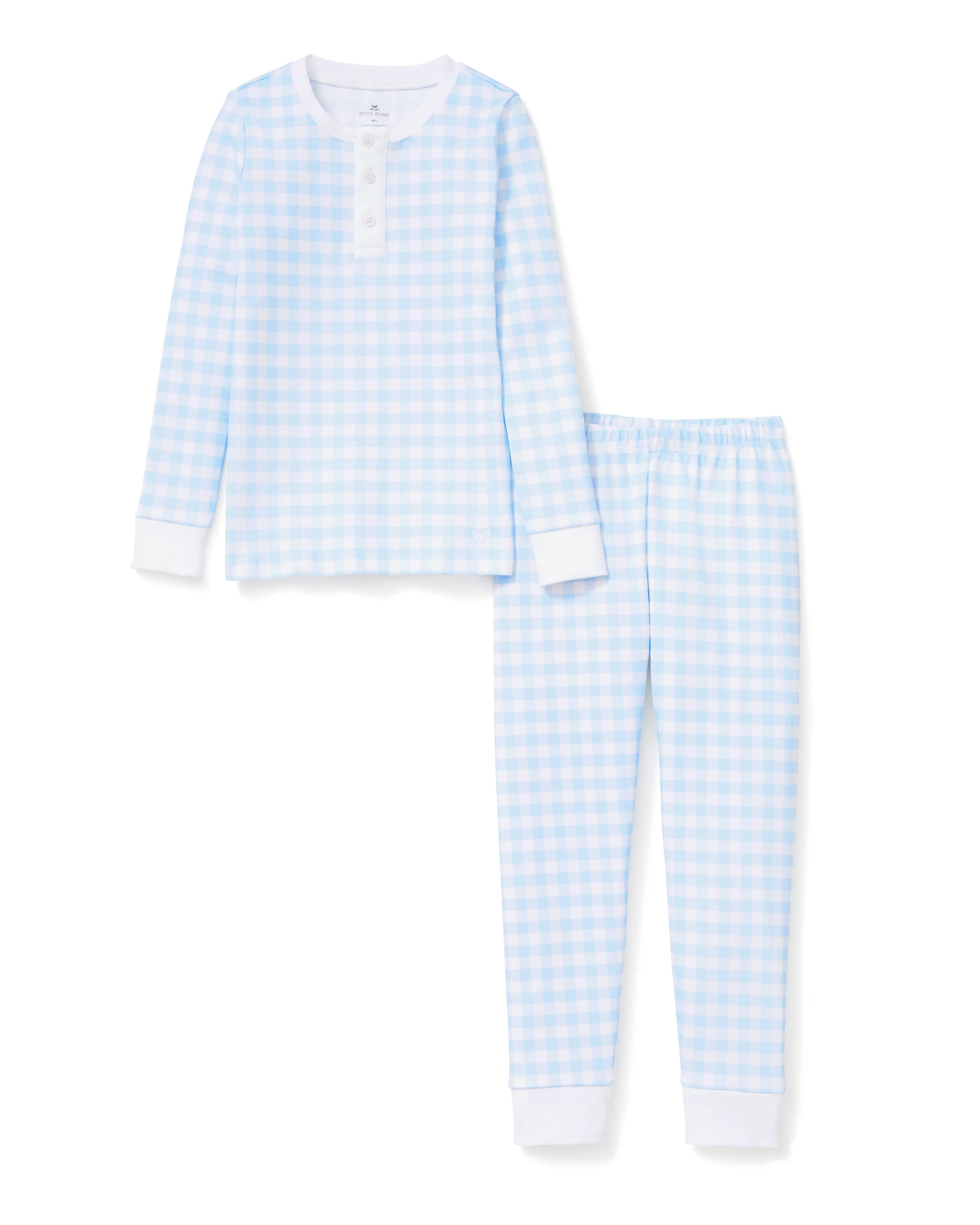 Kid's Pima Snug Fit Pajama Set in Light Blue Gingham - Image 5