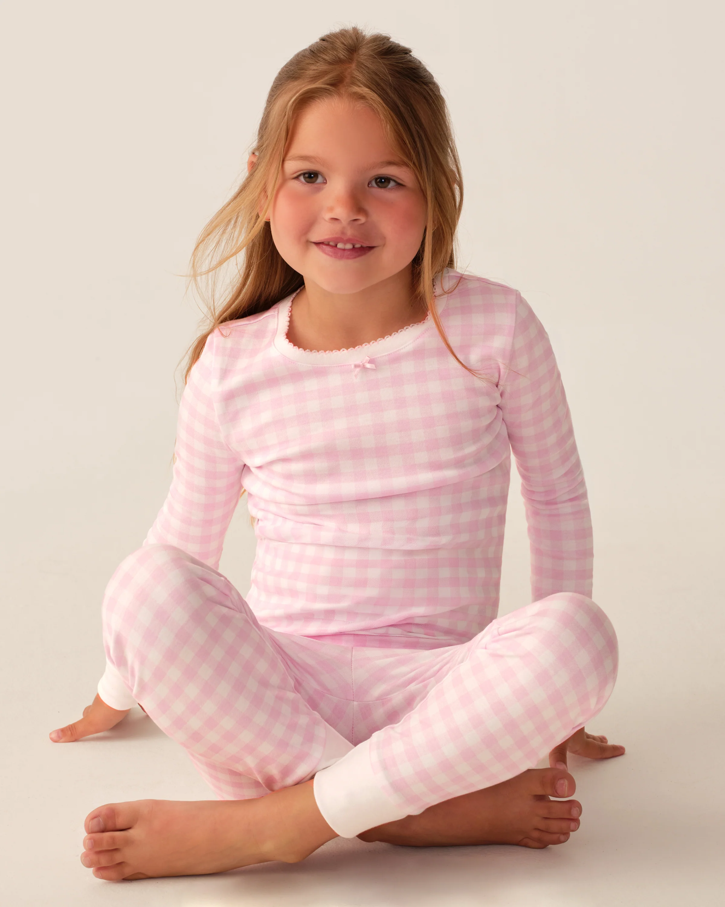 Kid's Pima Snug Fit Pajama Set in Pink Gingham - Image 2