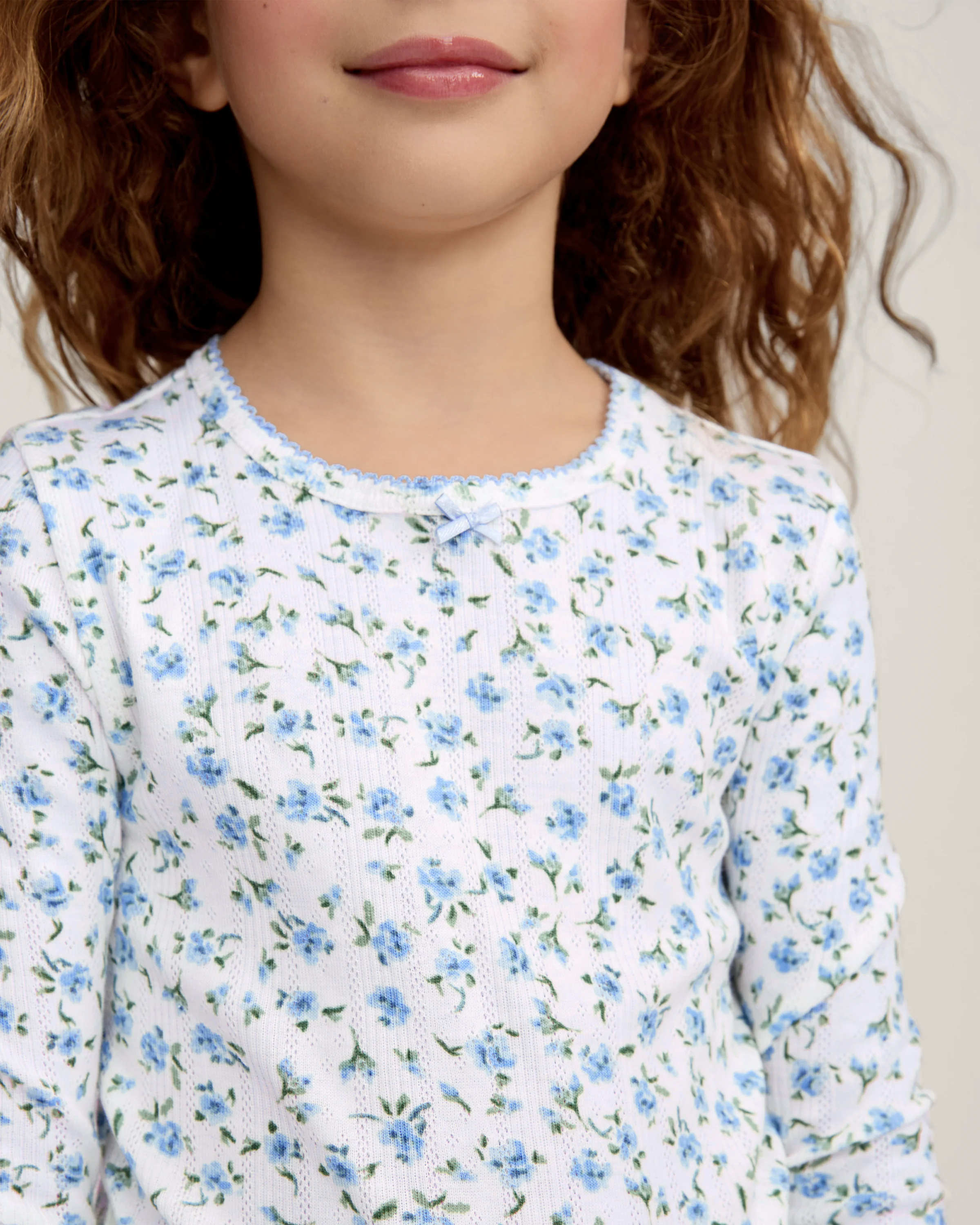 Kid's Pointelle Snug Fit Pajama Set in Blue Floral - Image 2