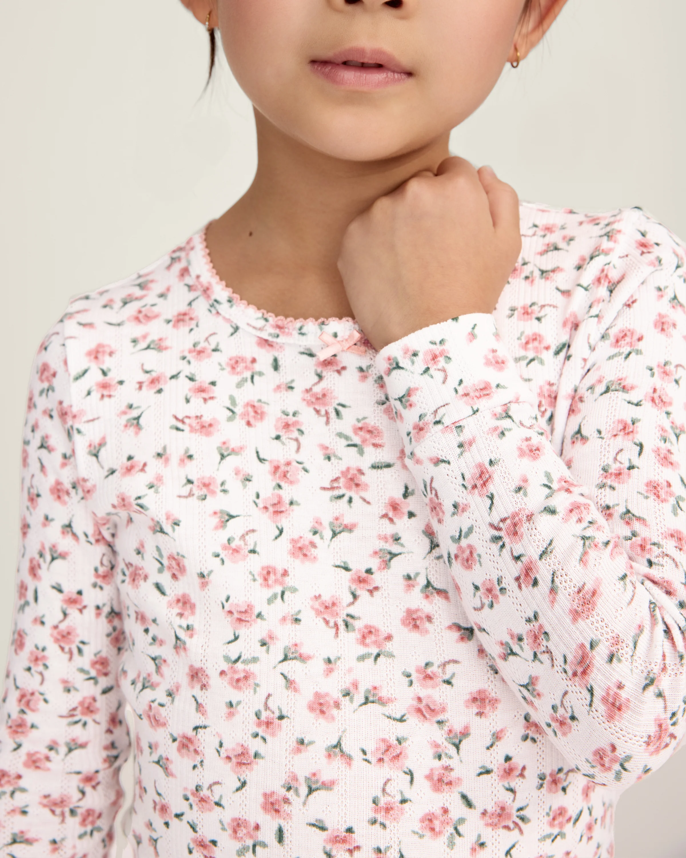 Kid's Pointelle Snug Fit Pajama Set in Pink Floral - Image 2