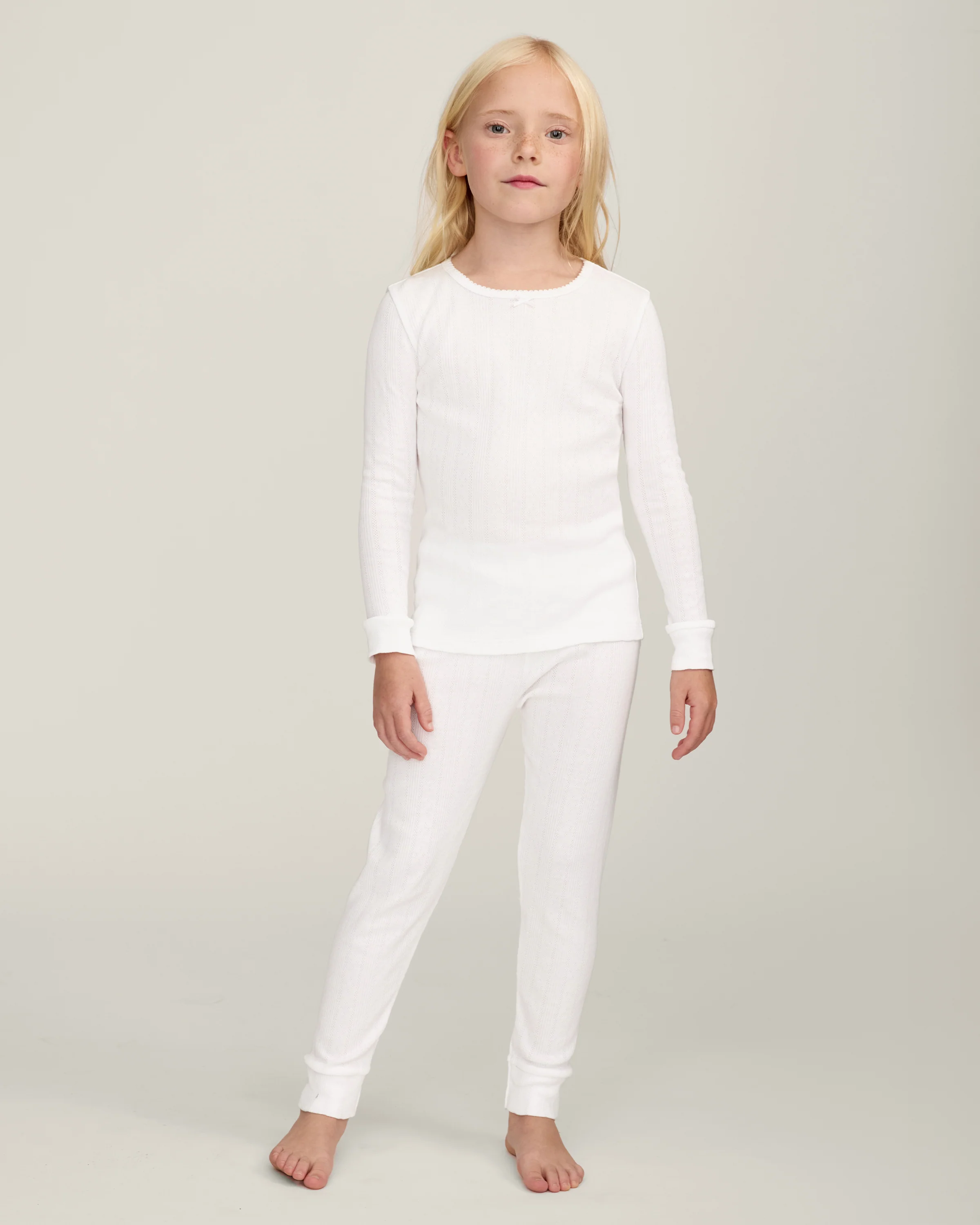 Kid's Pointelle Snug Fit Pajama Set in White - Image 3