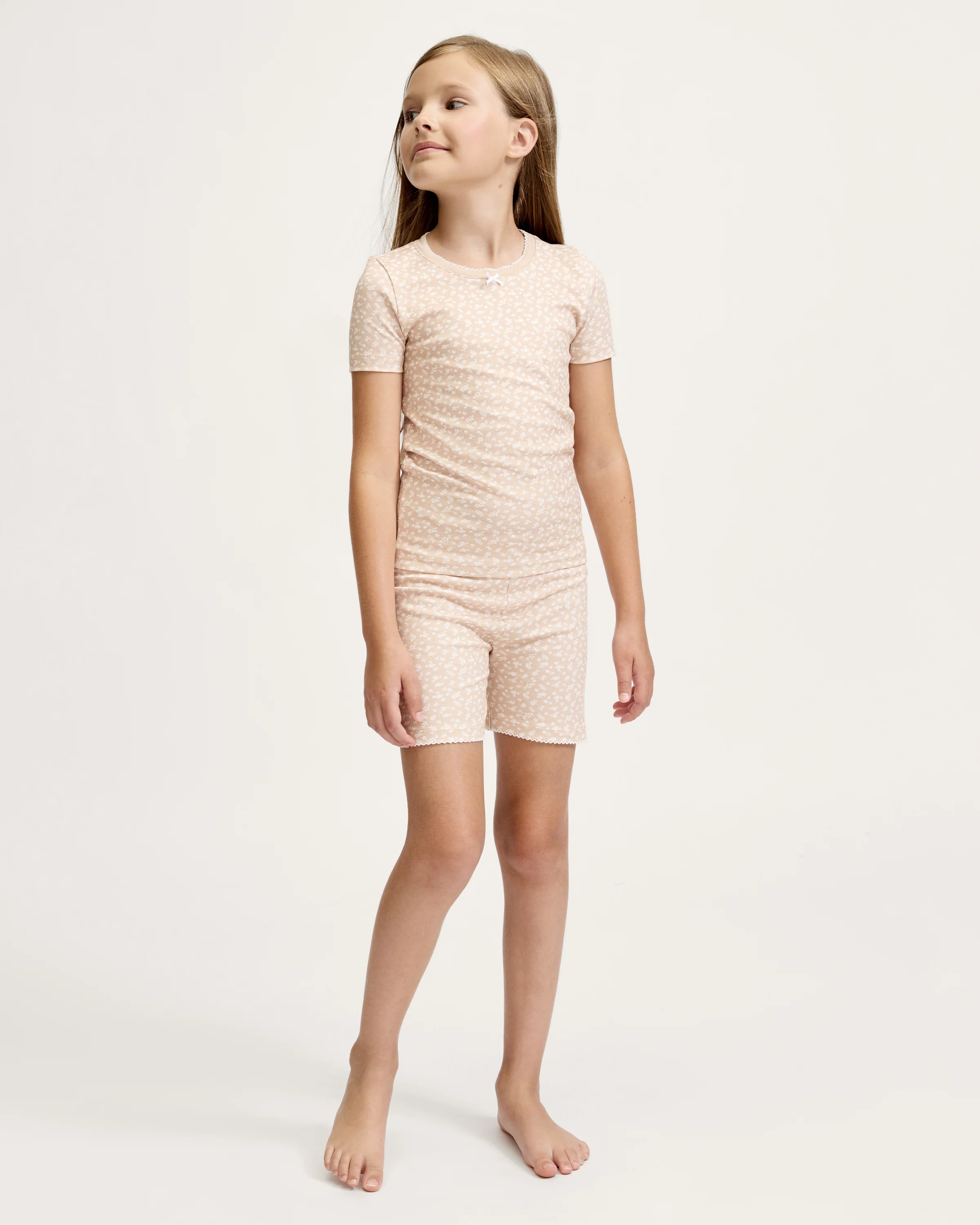 Kid's Pima Snug Fit Short Set in Ditsy Waltz Camel - Image 2