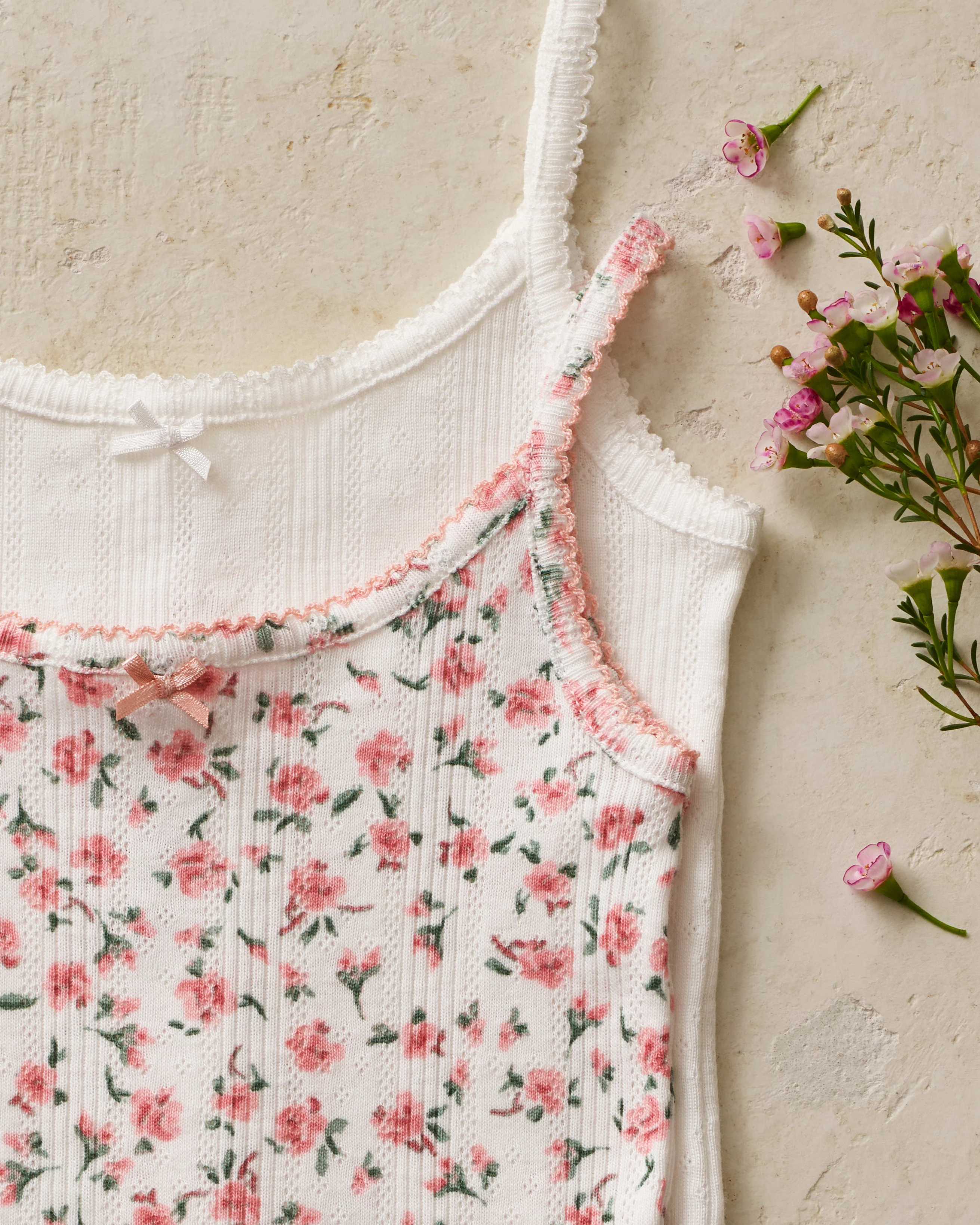 Kid's Pointelle Cami Set of 2 in White & Pink Floral - Image 10