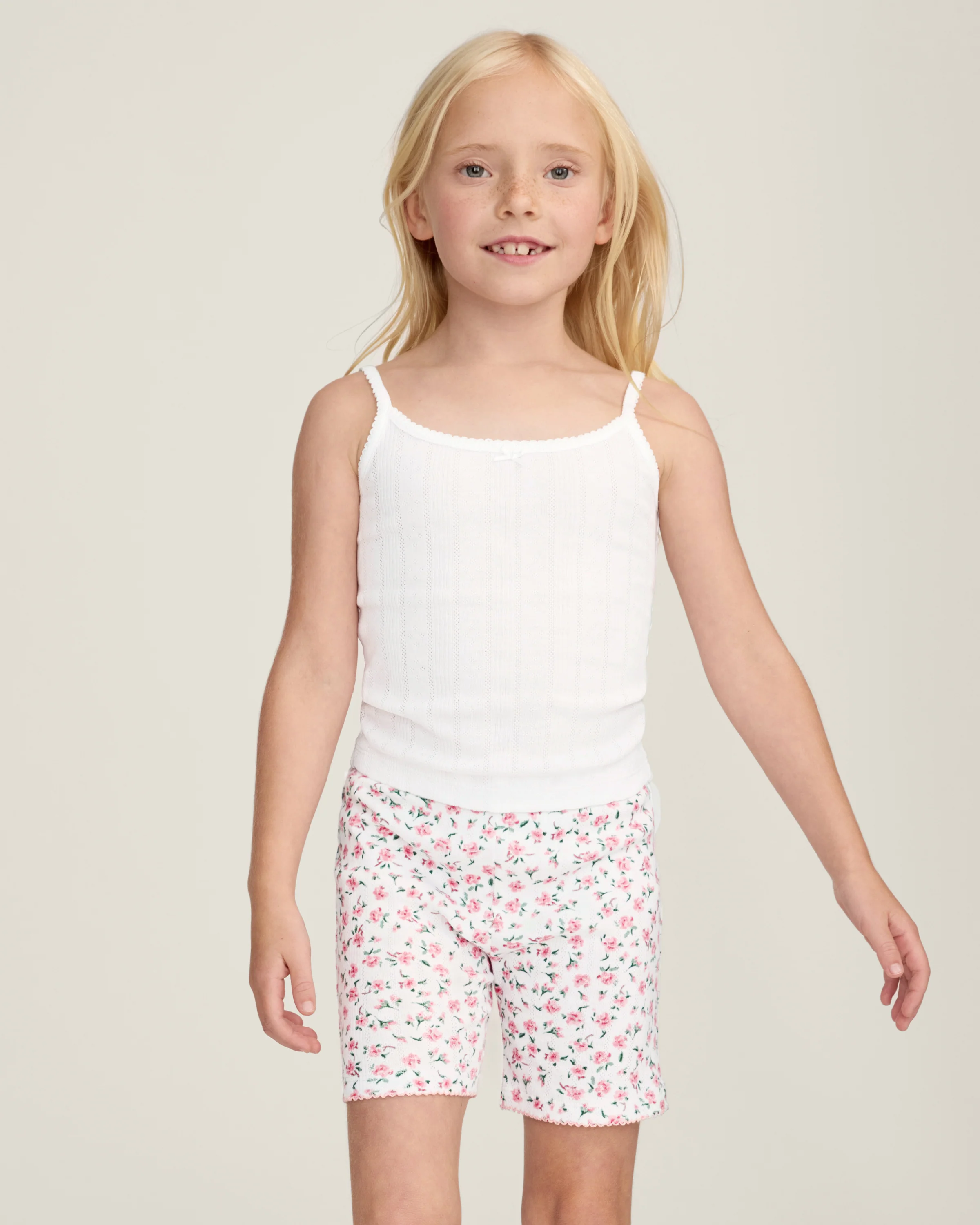 Kid's Pointelle Cami Set of 2 in White & Pink Floral - Image 2