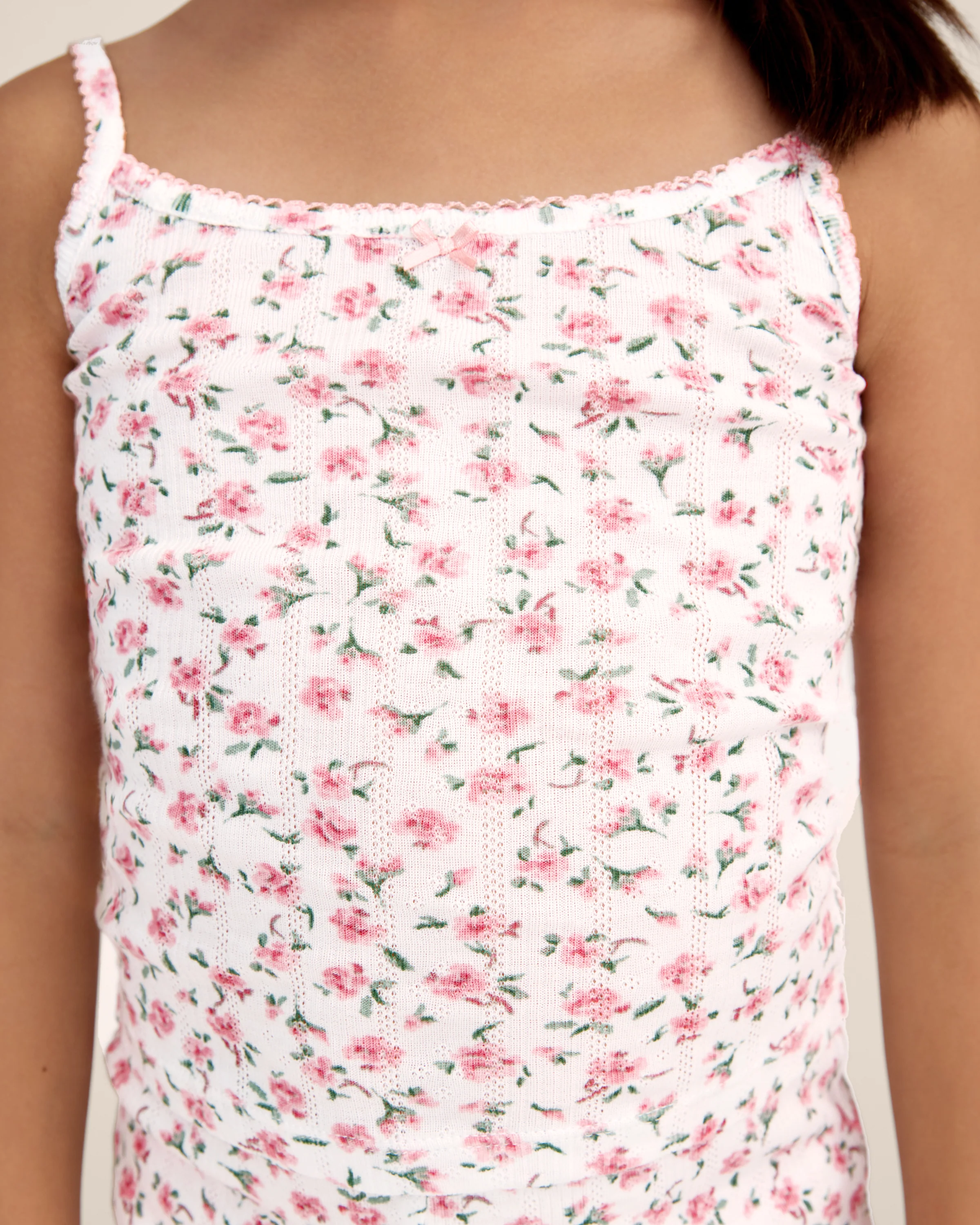 Kid's Pointelle Cami Set of 2 in White & Pink Floral - Image 7