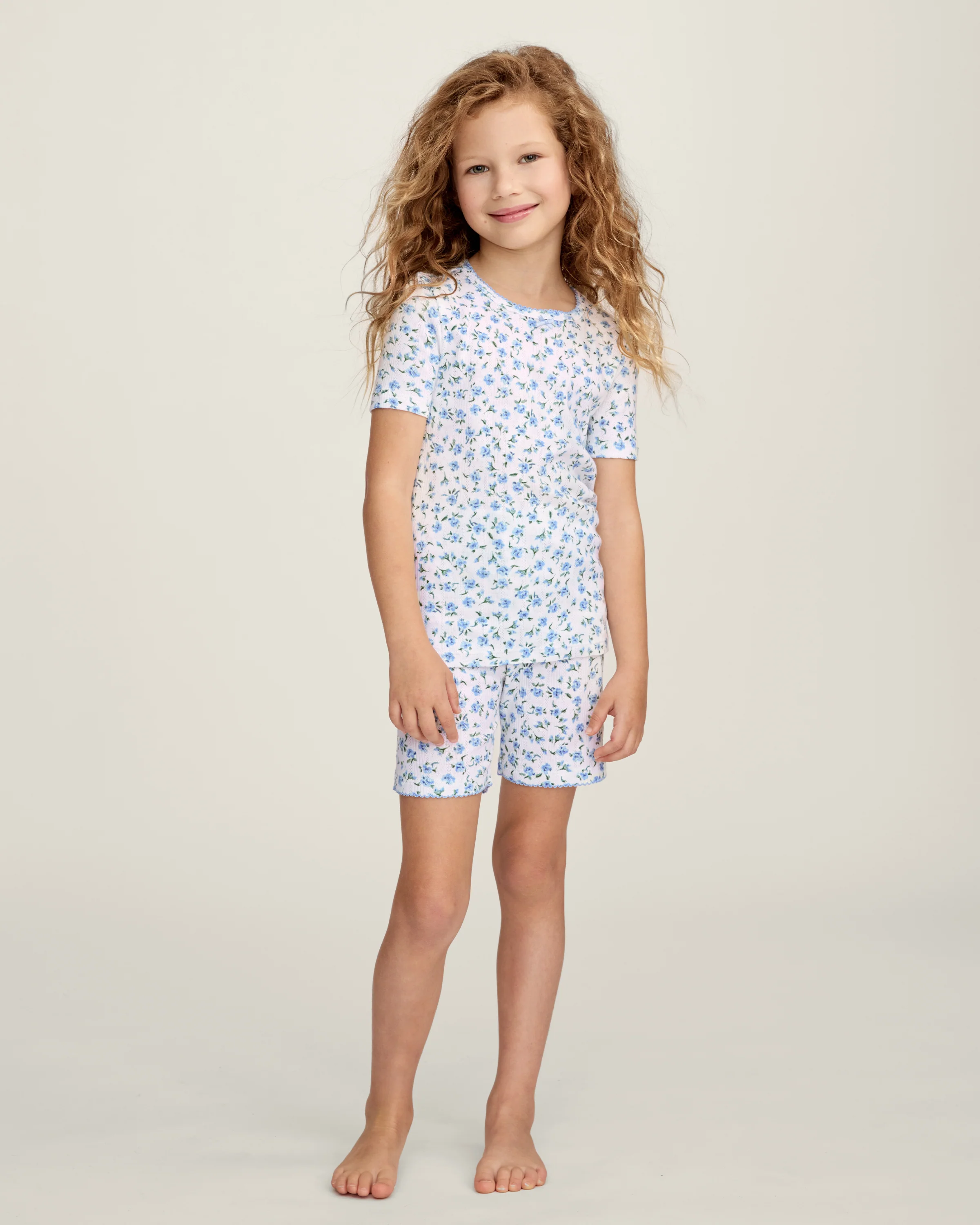 Kid's Pointelle Snug Fit Pajama Short Set in Blue Floral - Image 3