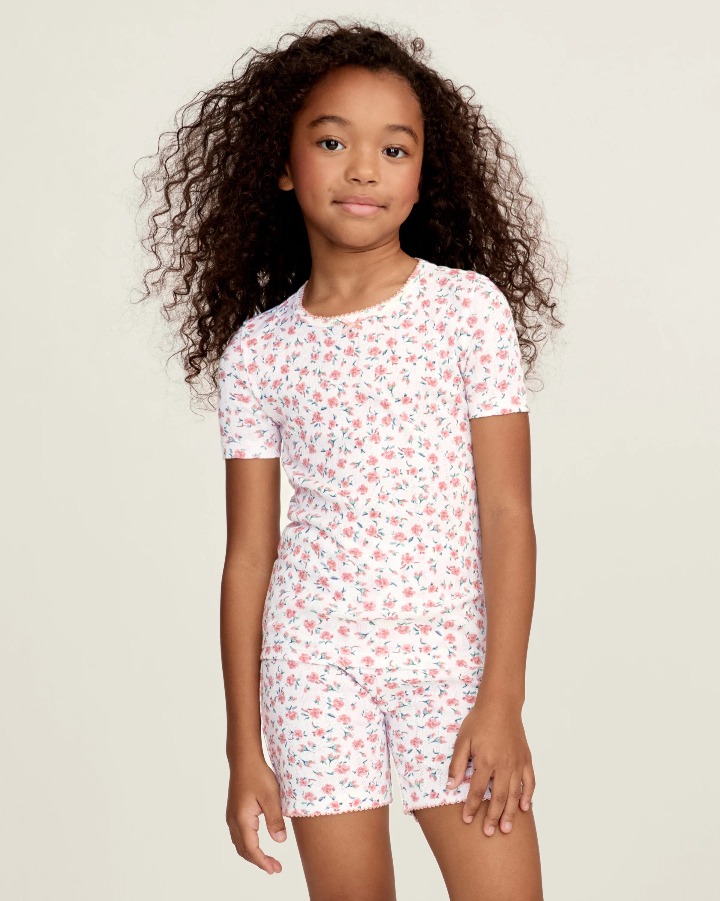 Kid's Pointelle Snug Fit Pajama Short Set in Pink Floral