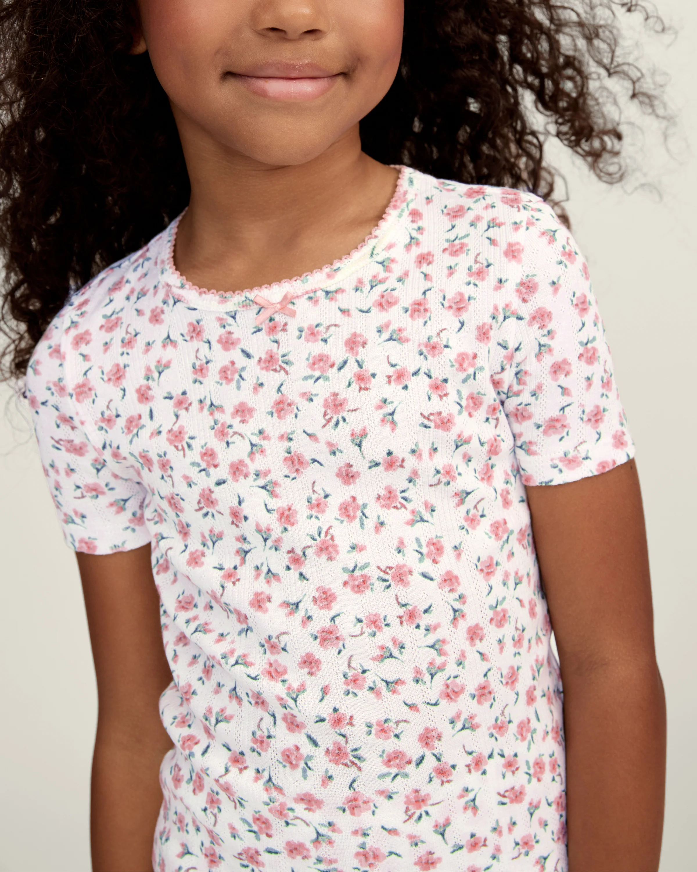Kid's Pointelle Snug Fit Pajama Short Set in Pink Floral - Image 2