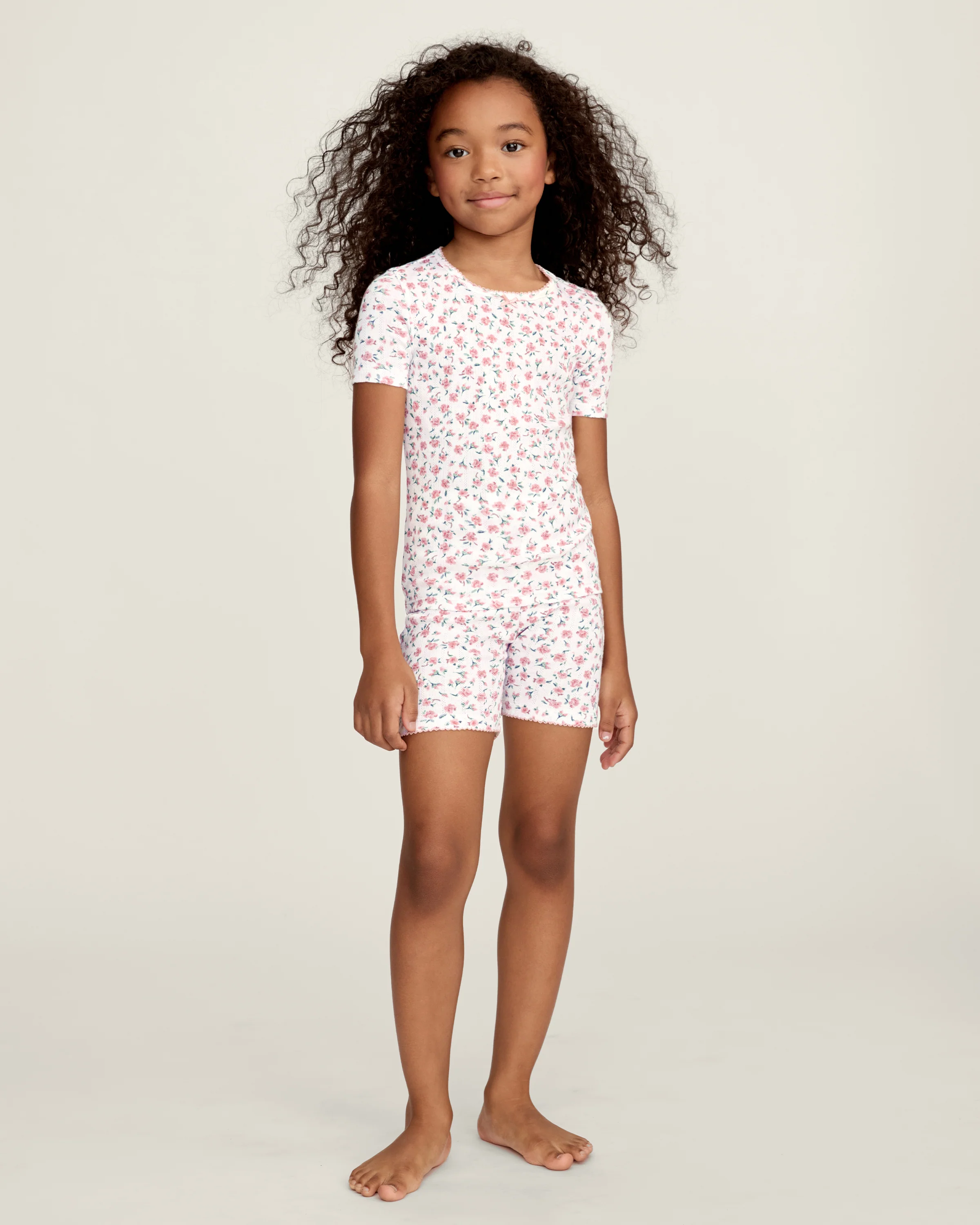 Kid's Pointelle Snug Fit Pajama Short Set in Pink Floral - Image 3