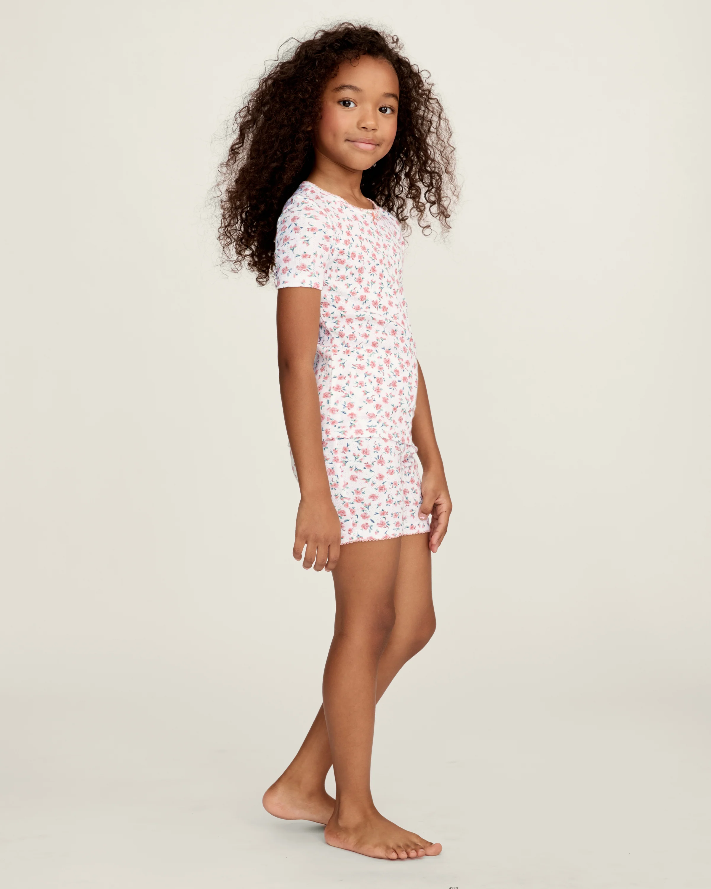 Kid's Pointelle Snug Fit Pajama Short Set in Pink Floral - Image 4