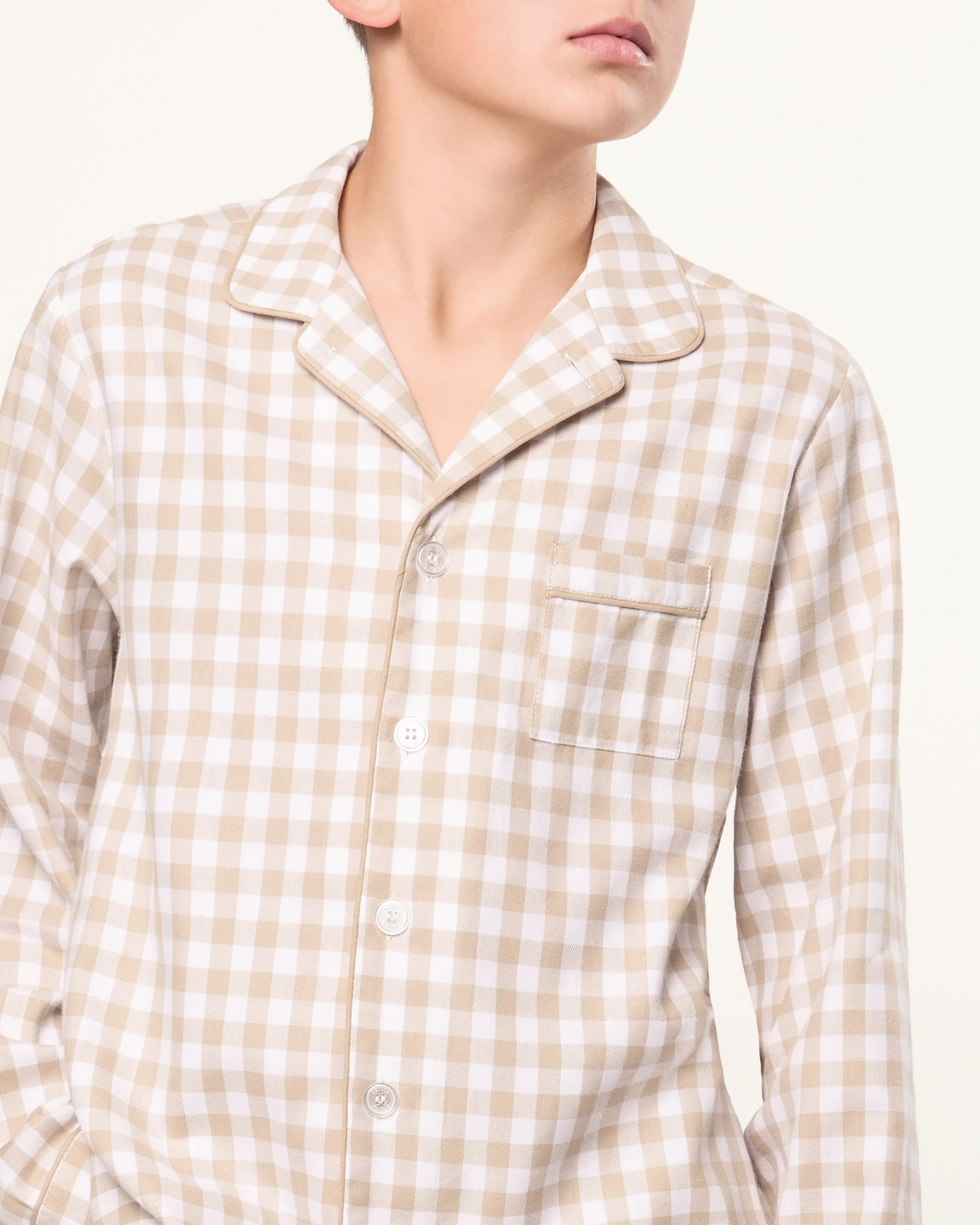 Kid's Twill Pajama Set in Camel Gingham - Image 2