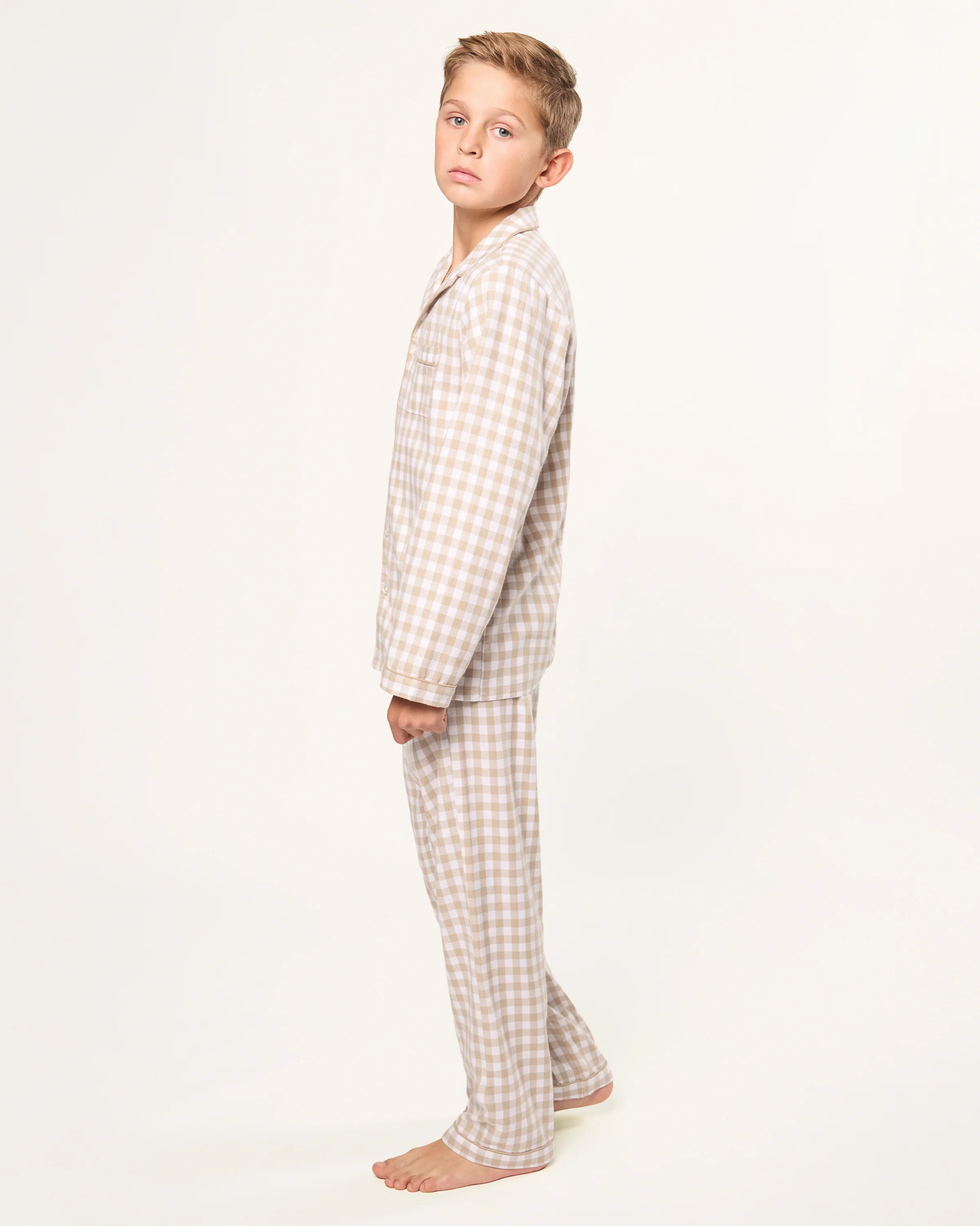 Kid's Twill Pajama Set in Camel Gingham - Image 3