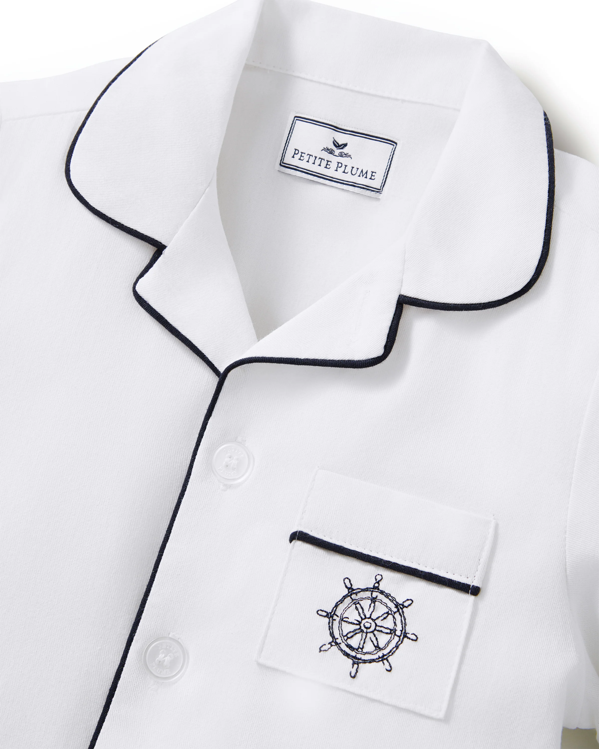Kid's Twill Pajama Short Set in White with Yacht Club Embroidery - Image 5