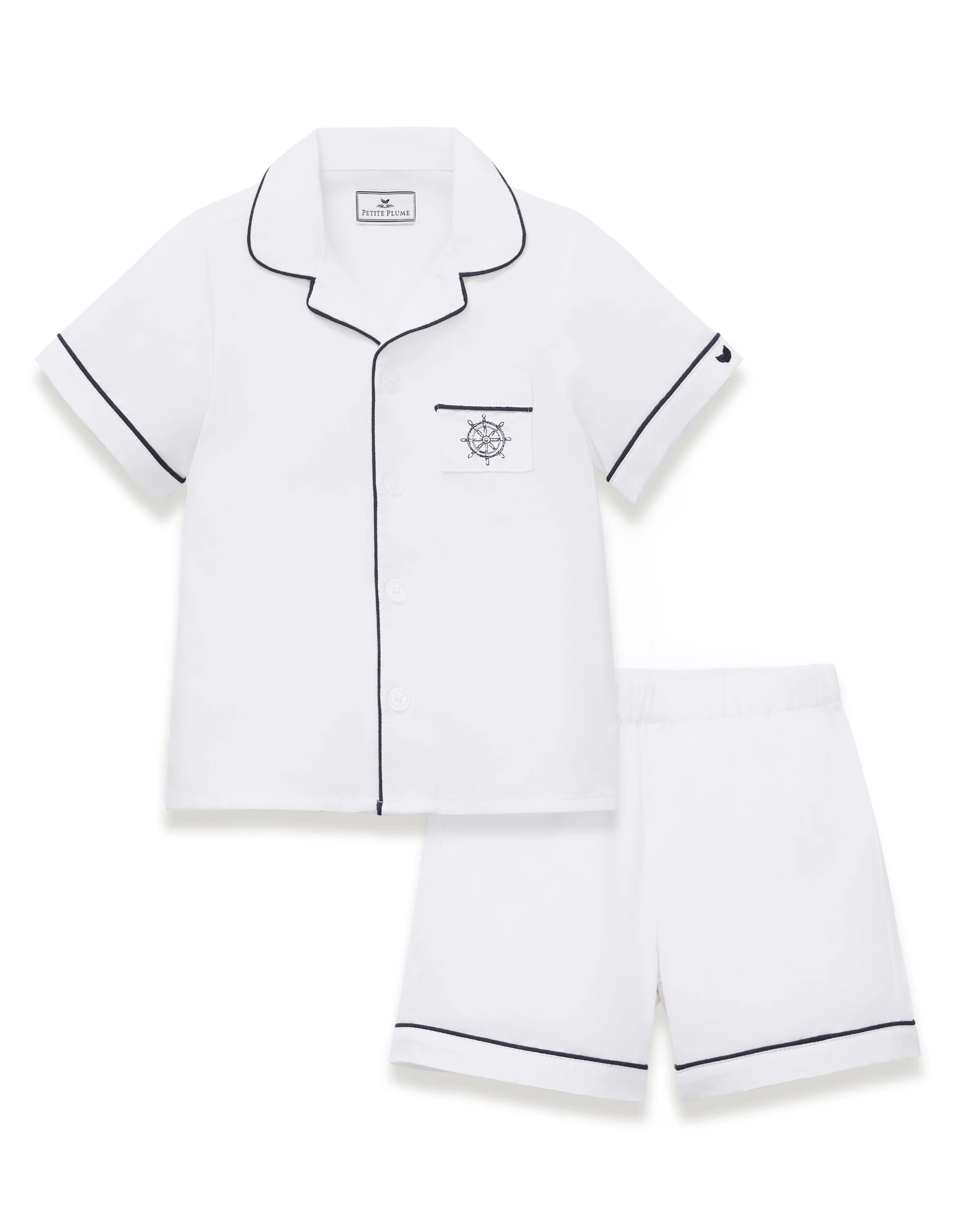 Kid's Twill Pajama Short Set in White with Yacht Club Embroidery - Image 6