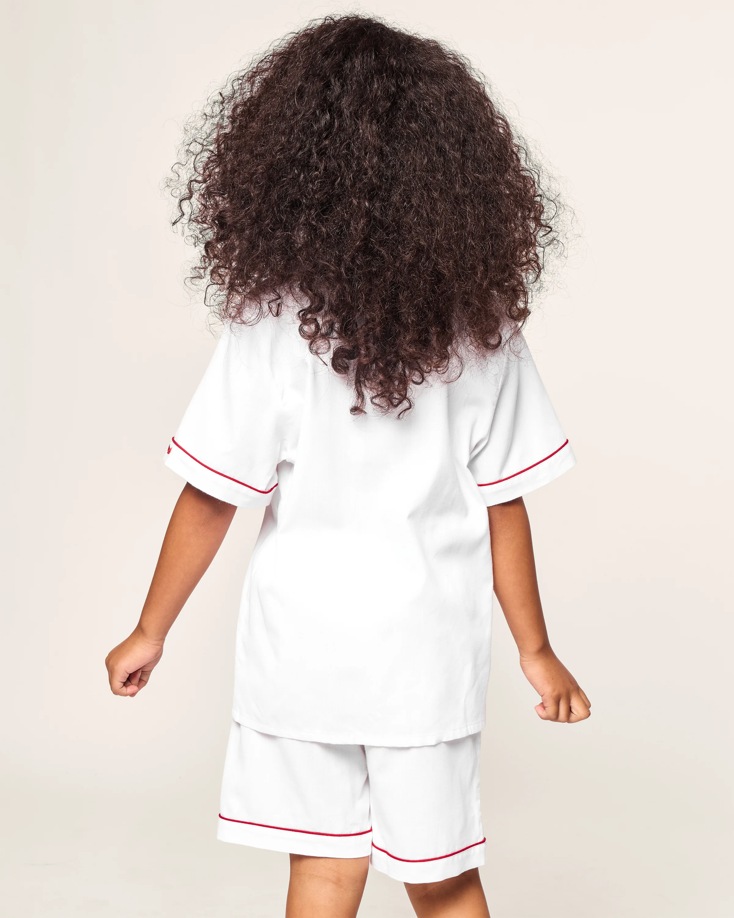 Kid's Twill Pajama Short Set in White with Red Piping - Image 4