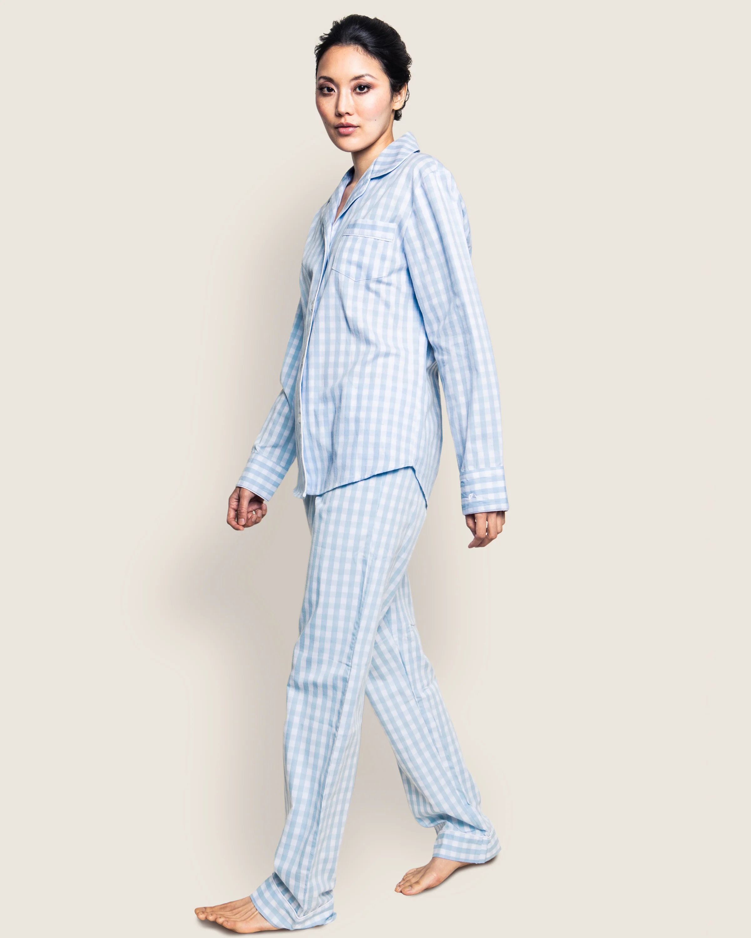 Women's Twill Pajama Set in Light Blue Gingham - Image 3