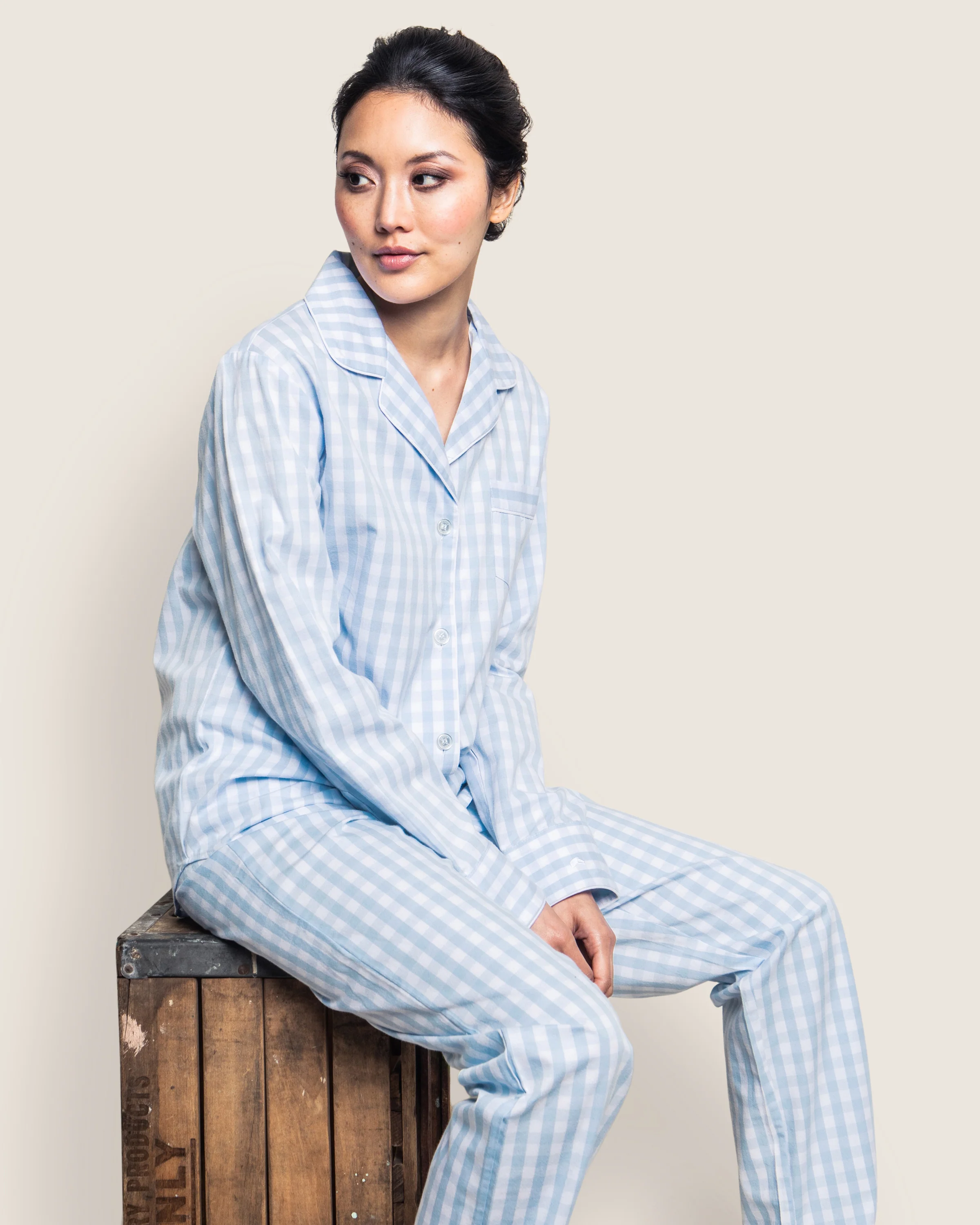 Women's Twill Pajama Set in Light Blue Gingham - Image 4