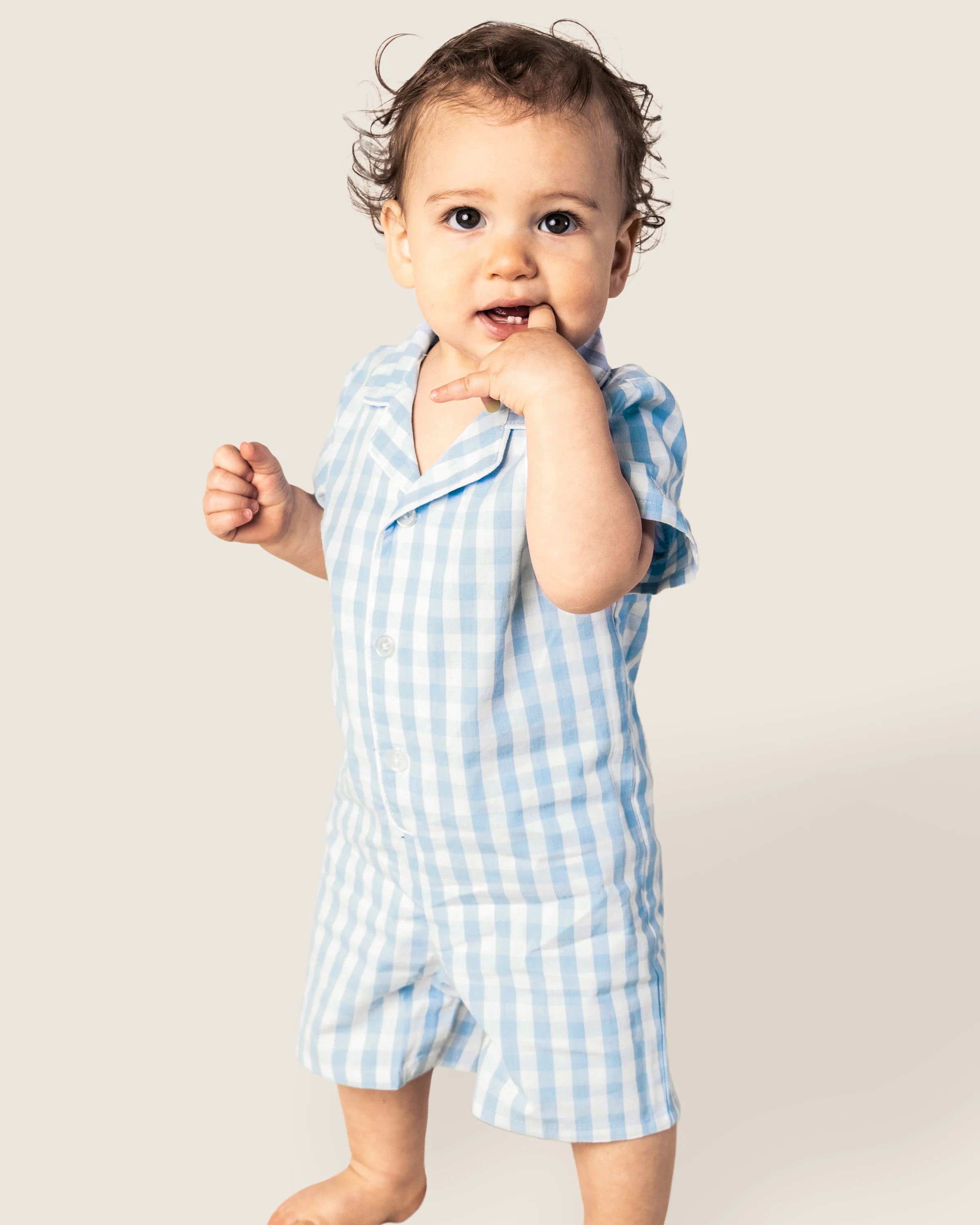 Baby's Twill Summer Romper in Light Blue Gingham - Image 2
